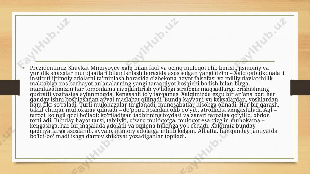 ri mavjud. qabulxonalar huquqiy adabiyotlar, zarur ma’lumotlar va axborot texnologiyalari bilan ta’minlangan.. murojaatlarga oid ma’lumotlar «o’zbekiston respublikasi prezidentining virtual qabulxonasi» axborot tizimiga kiritiladi. xalq qabulxonalarida murojaatlar og’zaki, yozma va elektron shaklda shaxsan yoki pochta orqali qabul qilinadi. shavkat mirziyoyev bmt bosh assambleyasining yuksak minbaridan turib, xalq hokimiyatini nomiga emas, balki amalda joriy qilish mexanizmlarini mustahkamlashni global maqsad sifatida belgilab, mamlakatimiz barcha hududida prezidentning virtual va xalq qabulxonalari tashkil etilganini hamda hozirgi kungacha bir milliondan ortiq fuqarolarimiz bu qabulxonalar orqali o'zlarining dolzarb muammolarini hal qilganini ta`kidlab o'tdi. xalq hokimiyatchiligi to'g'ridan-to'g'ri muloqot, ya`ni «fuqaro — davlat» g'oyasida mujassam bo'lgan eng muhim tamoyillardan biri hisoblanadi. bu so'nggi paytlarda mamlakatimizda barcha sohada kechayotgan islohotlarni o'zaro uzviy bog'lab turadigan asosiy negiz sifatida ko'zga tashlanmoqda. bu borada yurtdoshlarimiz hamjihatlikda mamlakatimizning yaqin istiqboldagi «yo'l xaritasi»ni ishlab chiqqani hamda u jamoatchilik muhokamasidan so'ng tasdiqlanganini eslashning o'zi kifoya. aytish joizki, yurtdoshlarimizni, ochig'i, ko'p o'ylatgan, ko'nglini bir qadar bezovta qilgan, …