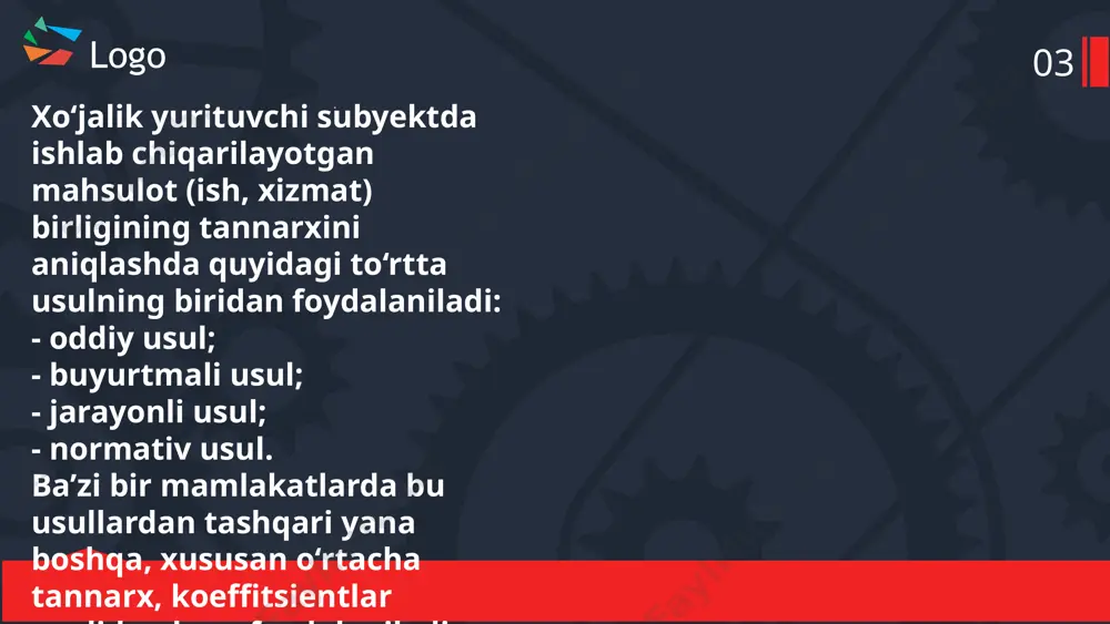 chiqarish ishchilari uchun hisoblangan ish haqi xarajatlariga qo‘shiladi. natijada shu tariqa hisoblashlar asosida ishlab chiqarilayotgan mahsulot tannarxi aniqlanadi. logo 05 umumishlab chiqarish xarajatlari esa normative koeffitsent asosida hisobdan chiqariladi. aynan mana shu tartibda ishlab chiqarish xarajatlarini hisoblash buxgalteriya hisobining barcha schyotlari bo‘yicha mahsulot harakatini ifoda etadi. yuqorida keltirilgan misolda ham ko‘rish mumkinki, ishlab chiqarilayotgan mahsulot tannarxini buyurtmali usul orqali hisoblash juda oddiy va qulay hisoblanadi. ishlab chiqarishni tashkil qilish va tugallanmagan ishlab chiqarish bo‘lmaganligi uchun ham ortiqcha hisob-kitoblar qilinmaydi, shunga muvofiq tannarx miqdorini tez aniqlash va uni to‘g‘ri hisoblanish imkoniyati juda katta. chunki, buyurtma bajarilgandan so‘ng qilingan barcha xarajatlar yig‘iladi, tannarx aniqlanadi. bu usul shuningdek buxgalteriya hisobini tashkil qilish, ya’ni xo‘jalik operatsiyalarini buxgalteriya hisobining schyotlarida aks ettirishga ham qulaylik tug‘diradi. add your title add your words here add your words here add your words here add your words here add your words here add your title add your words here,add …