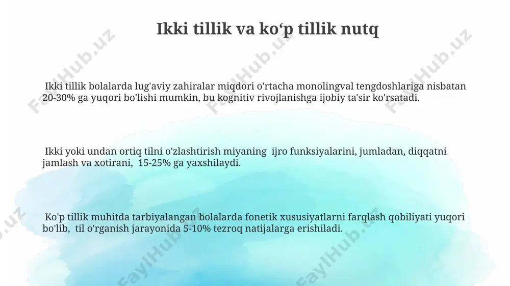 ijtimoiy funksiyalarini, ya'ni gapirish orqali oʻz ehtiyojlarini ifodalashni va boshqalar bilan muloqot qilishni oʻrganadi. fonetik rivojlanish jarayonida taxminan 3 yoshga kelib, bola asosiy fonema tovushlarini toʻgʻri talaffuz qila boshlaydi, lekin ba'zi nuqsonlar boʻlishi mumkin. nutq rivojlanishini ragʻbatlantirish nutq rivojlanishini 2-3 yoshgacha bo'lgan bolalarda rag'batlantirish uchun, kuniga kamida 15 daqiqa interaktiv o'yinlar, qo'shiqlar va hikoyalar o'qishni tashkil qilish muhimdir. bola bilan faol suhbatlashish, turli xil predmetlarni nomlash, sodda savollar berish va javoblarini tinglash orqali leksik zahirasini 500-1000 ta so'zgacha kengaytirish mumkin. nutq terapiyasi mashg'ulotlari, fonetik mashqlar va artikulyatsion gimnastika yordamida tovush talaffuzidagi nuqsonlarni 70% ga kamaytirish va to'g'ri talaffuzni shakllantirishga erishish mumkin. e'tiboringiz uchun rahmat @taqdimot_robot image1.png