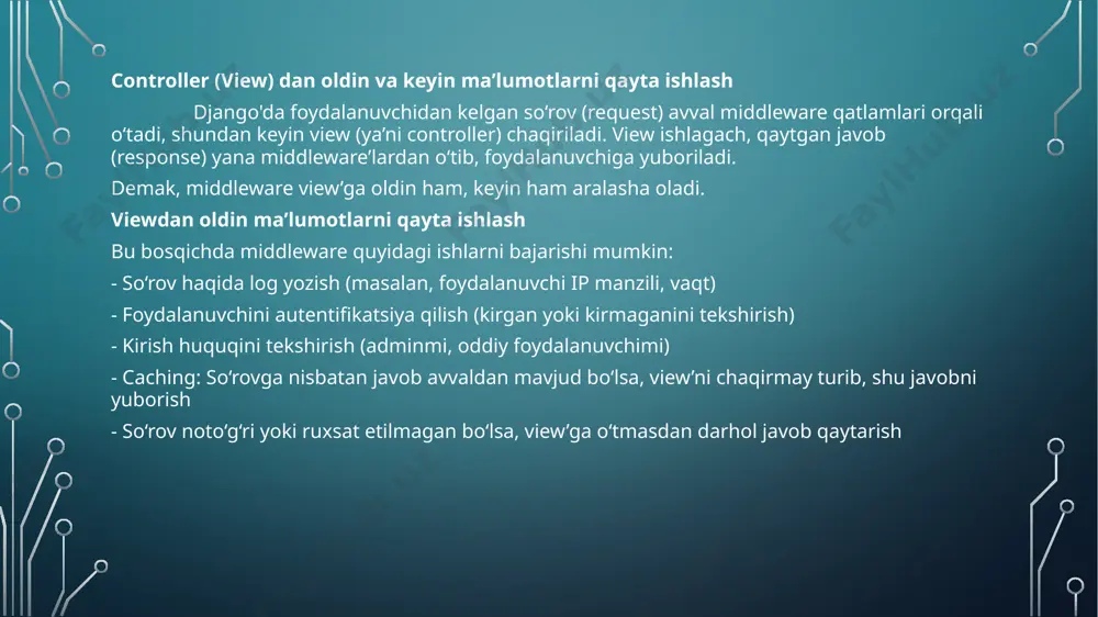 s_view(), name='custom_greeting'), ] izoh: urls.py faylida `customgreetingview` sinfi `as_view()` metodi yordamida url bilan bog‘lanadi. `as_view()` metodi django tomonidan avtomatik ravishda chaqiriladi. 2. dispatch() metodini qayta yozish dispatch() metodi so‘rovlarni tegishli metodga (masalan, get() yoki post()) yo‘naltiradi. biz uni qayta yozish orqali oldindan tekshiruvlar yoki umumiy funktsiyalarni qo‘shishimiz mumkin. misol: dispatch() metodini qayta yozish: from django.http import httpresponse from django.views import view class customdispatchview(view): # dispatch() metodini qayta yozish def dispatch(self, request, *args, **kwargs): # har bir so‘rovni loglash print(f"request received at {request.path}") # super metodini chaqirib, so‘rovni normal tarzda qayta ishlash return super().dispatch(request, *args, **kwargs) # get so‘rovi uchun javob def get(self, request): return httpresponse("get so'rovi bilan javob.") # post so‘rovi uchun javob def post(self, request): return httpresponse("post so'rovi bilan javob.") izoh: dispatch() metodini qayta yozish orqali biz so‘rovni loglash (ya’ni qaysi url manzilidan kelganini aniqlash)ni amalga oshiryapmiz. `super().dispatch(request, *args, **kwargs)` — bu aslida django’ning default dispatch() metodini chaqiradi, ya’ni …
