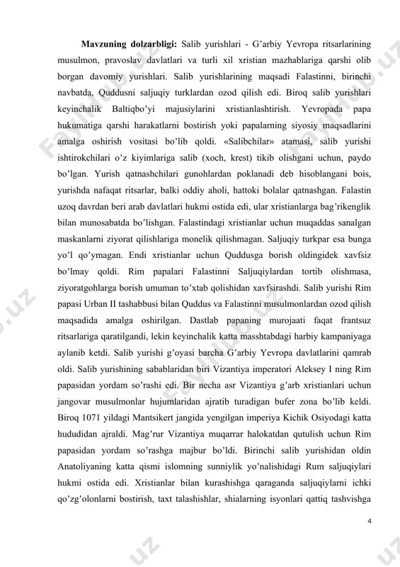 natoliyaning katta qismi islomning sunniylik yoʼnalishidagi rum saljuqiylari hukmi ostida edi. xristianlar bilan kurashishga qaraganda saljuqiylarni ichki qoʼzgʼolonlarni bostirish, taxt talashishlar, shialarning isyonlari qattiq tashvishga solardi. falastinni markaziy hokimiyatdan deyarli mustaqil amirlar boshqarardi. misrning katta qismi shia yoʼnalishidagi fotimiylar sulolasi qoʼlida boʼlgan. saljuqiylar fotimiylar hududining bir qismini bosib olishdi. shuning uchun аleksey komnin salibchilarga fotimiylar bilan ittifoq tuzishni maslahat berdi. 1076 yili saljuqiylar quddusni egallagan boʼlsada, 1098 yili fotimiylar shaharni qaytarib oldi. shialar salibchilarni dahshatli dushmandan qutqaruvchi xaloskor deb bilardi. lekin ularning xomxayollari qimmatga tushdi. kurs ishining maqsadi va vazifasi: ushbu kurs ishining maqsadi salib yurishlari davrijahon tarixidagi o`rnini yanada kengroq ochib berish. bu davlat haqida ma’lumotlar juda kam. shu tufayli bu davrga doir ma’lumotlar bazasini kengaytirish va uni ilmiy nuqtai nazardan o`rganib mohiyatini yanada oydinlashtirishi va mavzuga oid mavjud ma’lumotlardagi noaniqlik va xatolarga oydinlik kiritish. shuningdek salib yurishlari davrisiyosiy ijtimoiy va iqtisodiy hayotiga aniqlik kiritish va tahlil qilishdan iborat. …