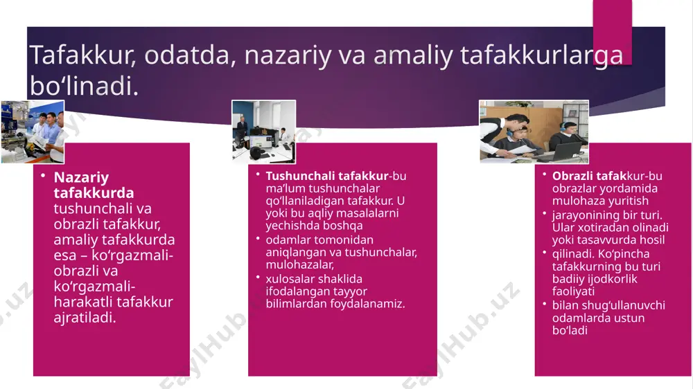 siz o‘zining aqliy izlanishi tufayli turli yo‘l, usul va vositalar topib, mustaqil ravishda hal qilishdan iborat aqliy qobiliyatni tushunish kerak. tafakkurning mustaqilligi aqlning sertashabbusligi, pishiqligi va tanqidiyligida namoyon bo‘ladi. aqlning sertashabbusligi deganda insonning o‘z oldiga yangi muammo, aniq maqsad va aniq vazifalar qo‘yishni, ana shularning barchasini amalga oshirishda, nihoyasiga yetkazishda yechimni qidirishda usul va vositalarni shaxsan o‘zi izlashi, aqliy zo‘r berib intilishi, ularga taaalluqli qo‘shimcha belgi va alomatlarni kiritishdan iborat bosqichlarning namoyon bo‘lishini nazarda tutamiz. aqlning pishiqligi vazifalarni tez yechishda, yechish paytida yangi usul va vositalarni o‘z o‘rnida aniq qo‘llashda, trafaretga aylangan eski yo‘l hamda usullardan forig‘ bo‘lishda va boshqa jarayonlarda ifodalanadi. tafakkur ixchamligi deganda, muammoni hal qilishning dastlab tuzilgan rejasi mazkur jarayonda masala yechish shartini qanoatlantirmay qolsa, nomutanosiblik hosil bo‘lsa hech ikkilanmay elastik ravishda o‘zgartirishlar kiritishdan iborat fikr yuritish faoliyatini tasavvur qilmog‘imiz shart. tafakkurning tezligi qo‘yilgan savolga va muammoga to‘liq javob olingan vaqt bilan belgilanadi. uning tezligi qator omillarga, …