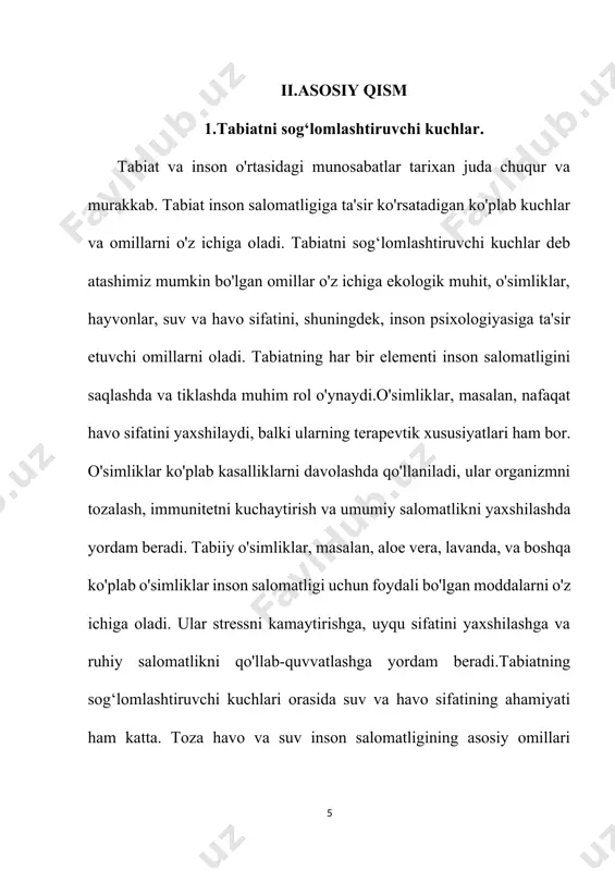lar, kasalliklarning tarqalishini kamaytirish va umumiy sog'liqni yaxshilashga yordam beradi.atrof-muhit gigiyenasi ham muhimdir. tabiatga bo'lgan munosabat, inson salomatligiga ta'sir qiladi. atrof-muhit ifloslanishi, allergiya, nafas olish tizimi kasalliklari va boshqa sog'liq muammolariga olib kelishi mumkin. shuning uchun, atrof-muhitni muhofaza qilish va uning tozaligini ta'minlash zarur.gigiyenik omillar haqida bilish va ularga amal qilish, salomatlikni saqlash va kasalliklarning oldini olishda muhimdir. ularning ahamiyatini tushunish, shaxsiy va jamoat darajasida sog'lom hayot tarzini yaratish uchun zarurdir. 3.tabiat va gigiyena o'rtasidagi bog'lanish. tabiat va gigiyena o'rtasidagi bog'lanish inson salomatligi va farovonligi uchun juda muhimdir. tabiat inson hayotining asosiy manbai bo'lib, u bizga toza havo, suv, oziq-ovqat va boshqa resurslarni taqdim etadi. tabiatning gigiyenik omillari - bu o'simliklar, hayvonlar va boshqa tabiiy elementlar orqali ta'minlangan salomatlikni saqlash va mustahkamlashga yordam beradigan omillardir.toza muhitda yashash, insonning ruhiy va jismoniy salomatligi uchun zarur. ochiq havoda vaqt o'tkazish stressni kamaytiradi, ruhiy holatni yaxshilaydi va umumiy farovonlikni oshiradi. tabiatdagi o'simliklar va …