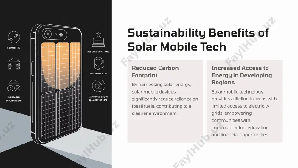 ertising and content delivery solar mobile devices can be used to deliver targeted advertisements and content, generating revenue through advertising models and content partnerships. partnerships and ecosystem development identifying key opportunities off-grid and rural market potential solar mobile technology holds immense potential for connecting communities in off-grid areas, providing access to essential services and economic opportunities. innovations in solar cell design continued research and development in solar cell technology can improve efficiency, reduce costs, and enhance the performance of solar mobile devices. integrating with smart home/city technologies solar mobile technology can be integrated with smart home and city infrastructure, creating new opportunities for energy management, data collection, and citizen services. off-grid and rural market potential bridging the digital divide solar mobile devices can provide access to communication, information, and educational resources for people living in rural and off- grid communities. empowering economic development solar mobile technology can facilitate mobile banking, …