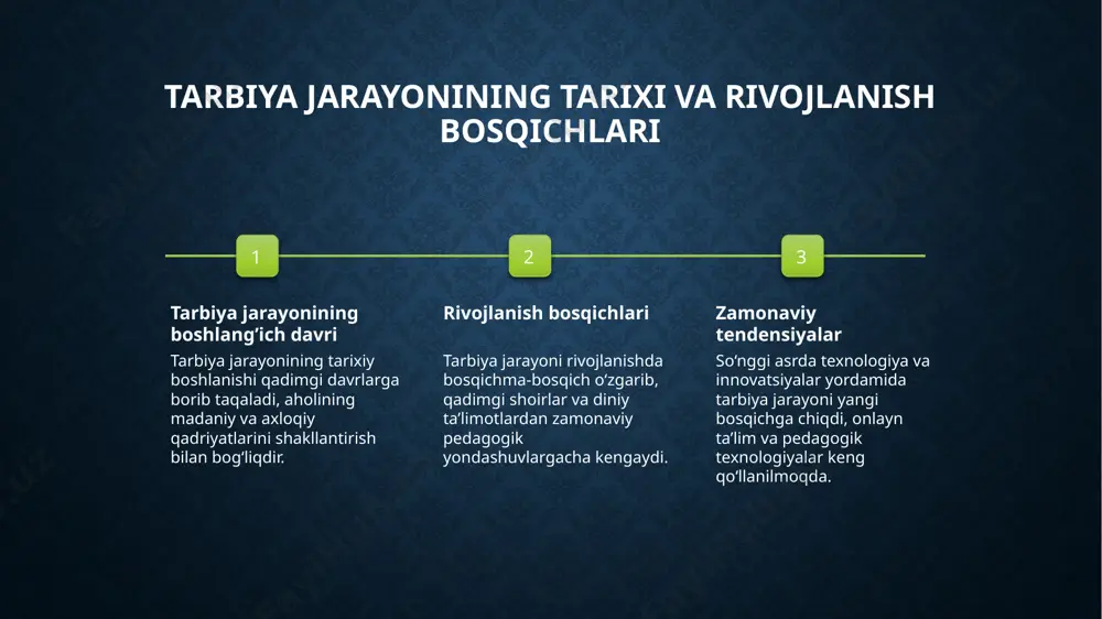 llashtiradi. tarbiya jarayonining mazmuni va vazifalarini texnologik yondashuv bilan tahlil qilish. 1 mazmuni va vazifalari tarbiya jarayonining mazmuni, jamiyat va shaxs ehtiyojlariga mos keladigan pedagogik maqsadlar va faoliyatlarni o'z ichiga oladi. texnologiyalar bu jarayonni yanada samarali va interaktiv qilish imkonini beradi. 2 texnologik yondashuvlar zamonaviy texnologiyalar, masalan, onlayn platformalar va multimediya vositalari, tarbiya vazifalarini aniqroq belgilash va amalga oshirishga yordam beradi. ular shuningdek, shaxsiy ehtiyojlarga moslashtirilgan ta'limni rivojlantiradi. 3 natijalarning baholash texnologiyalar yordamida tarbiya jarayonining samaradorligini kuzatish va baholash uchun zamonaviy metodlar ishlab chiqildi. bu, shuningdek, pedagogik innovatsiyalarni joriy etishda muhim ahamiyatga ega. tarbiya jarayonini texnologiyalashtirishning nazariy asoslari: asosiy tushunchalar va prinsiplari. 1 innovatsion tushunchalar tarbiya jarayonini texnologiyalashtirishda pedagogik innovatsiyalar va zamonaviy texnologik yondashuvlar asosiy tushunchalardir. ular ta'lim sifatini oshirish uchun yangi metodlarni joriy etadi. 2 prinsip va tamoyillar bu jarayonning muvaffaqiyati uchun asosiy prinsiplarga, masalan, individual yondashuv va interaktivlikka amal qilish muhimdir. ular ta'lim jarayonini rivojlantiradi. 3 texnologik integratsiya …
