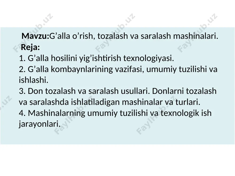 1 %, yotib qolgan g’allani yig’ishtirishda esa 1,5 % gacha yo’l qo’yiladi. kombayn yanchish apparatida boshoqlarning chala yanchilishi natijasida bo’ladigan don isrofgarchiligi: g’alla uchun 1,5%, sholi uchun 2% dan oshmasligi kerak. urug’lik donning shikastlanishi: oziqbop don uchun-1%, dukkakli 2%, yirik don uchun 3% , sholi uchun 5% dan oshmasligi kerak. klass-mega g’alla kombayni g’alla kombaynlariga qo’yilgan agrotexnik talablar kombayn jatkasidagi don nobudgarchiligi, % ko’pi bilan…………………………………………………………………….0,5 kombayn orqasidagi yerga to’kilgan don miqdori, %, ko’pi bilan……………………………………………………………………..1,5 bunkerdagi donning shikastlanganlik darajasi, % ko’pi bilan………………………………………………………………………2 bunkerdagi donning tozaligi, %, eng kamida…………………………………………………………………….…95 “dominator-130” g’alla kombaynini umumiy tuzilishi jatka va qiya transporter don bunkerlari va shneklar barabanli yanchish-ajratish qurilmasi don tozalash qismi donni tozalash usullari donni dastlabki ishlov berishda uning o’ziga xos bo’lgan xususiyatlarini hisobga olgan tozalash usulidan foydalanilanib, bu jarayonni amalga oshiradigan ishchi qismlarga ega bo’lgan don tozalash mashinalarida amalga oshiriladi. bu mashinalar ishchi qismlarning ishlash tarzi esa donli aralashma zarralarining fizik mexanik xossalari farqiga …