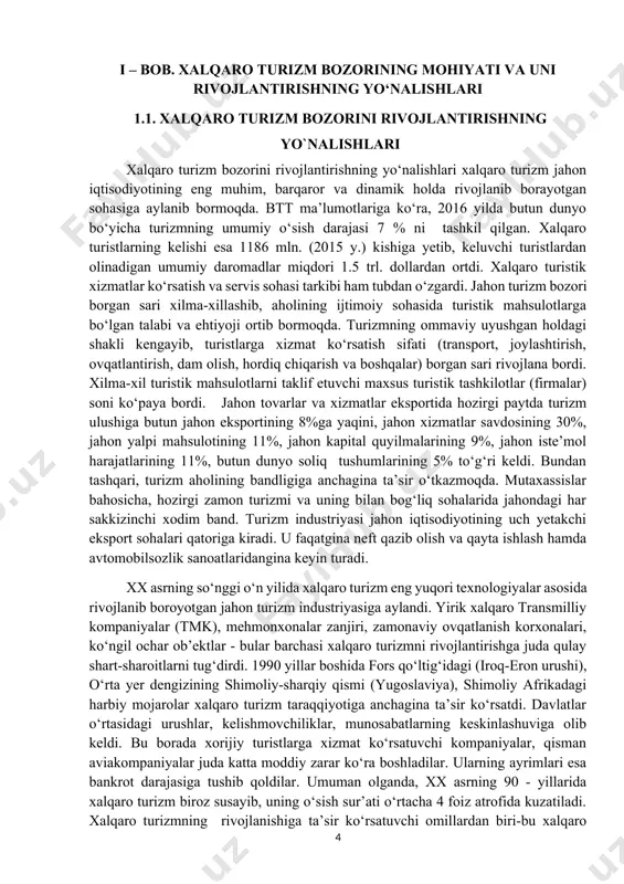 tik xizmatlar ko‘rsatish va servis sohasi tarkibi ham tubdan o‘zgardi. jahon turizm bozori borgan sari xilma-xillashib, aholining ijtimoiy sohasida turistik mahsulotlarga bo‘lgan talabi va ehtiyoji ortib bormoqda. turizmning ommaviy uyushgan holdagi shakli kengayib, turistlarga xizmat ko‘rsatish sifati (transport, joylashtirish, ovqatlantirish, dam olish, hordiq chiqarish va boshqalar) borgan sari rivojlana bordi. xilma-xil turistik mahsulotlarni taklif etuvchi maxsus turistik tashkilotlar (firmalar) soni ko‘paya bordi. jahon tovarlar va xizmatlar eksportida hozirgi paytda turizm ulushiga butun jahon eksportining 8%ga yaqini, jahon xizmatlar savdosining 30%, jahon yalpi mahsulotining 11%, jahon kapital quyilmalarining 9%, jahon iste’mol harajatlarining 11%, butun dunyo soliq tushumlarining 5% to‘g‘ri keldi. bundan tashqari, turizm aholining bandligiga anchagina ta’sir o‘tkazmoqda. mutaxassislar bahosicha, hozirgi zamon turizmi va uning bilan bog‘liq sohalarida jahondagi har sakkizinchi xodim band. turizm industriyasi jahon iqtisodiyotining uch yetakchi eksport sohalari qatoriga kiradi. u faqatgina neft qazib olish va qayta ishlash hamda avtomobilsozlik sanoatlaridangina keyin turadi. xx asrning so‘nggi o‘n yilida …