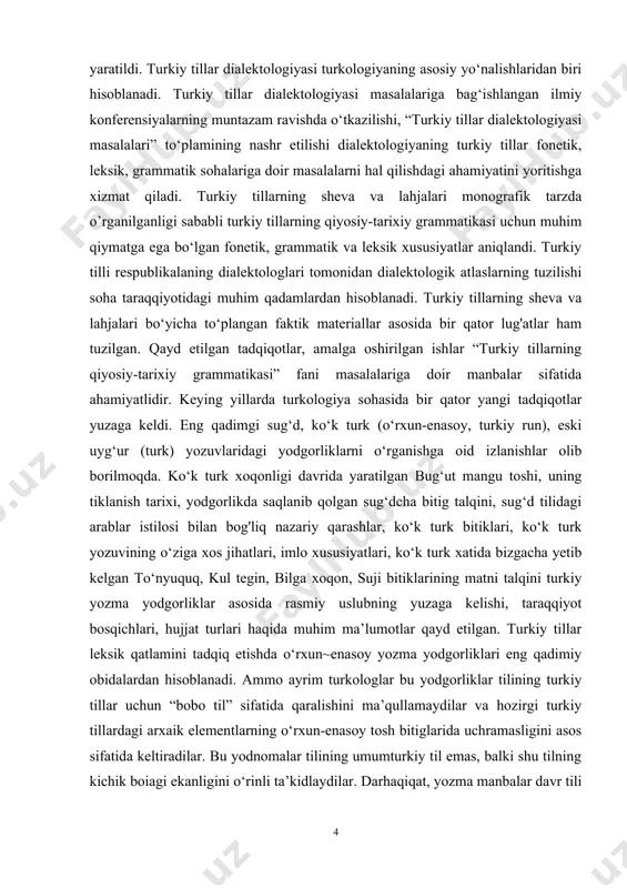 illarning qiyosiy-tarixiy grammatikasi” fani bakalavr darajasining o‘zbek filologiyasi yo‘nalishi bo‘yicha mutaxassislik fanlaridan biri hisoblanadi. o‘quv rejasiga muvofiq, ushbu fan 4-kursda o‘qitiladi. mazkur fan talabalarni umumfilologik planda tayyorlashda muhim hamiyat kasb etadi. ushbu fanni o‘qitishdan kuzatilgan asosiy maqsad – filolog talabalarni turkiy tillarninig fonetik, leksik, xususiyatlarini yoritish, turkiy tillarning morfolo-gik, tipologik o‘ziga xosliklarini umumlashtirish, turkiy tillarning umumtaraqqiyot va xususiy bosqichlarini o‘rganish, umumtaraqqiyot bosqichiga oid xususiyatlar-ning hozirgi turkiy tillardagi ifodalanish darajasini belgilashdan iborat. mazkur fan barcha turkiy tillarni yalpi tizim sifatida o‘rganadi. bunda grammatik hodisalarning sistem-struktur tahlili, bu tillarning o‘zaro ta’siri va mu-nosabati inobatga olinadi. fanning asosiy fazifalari – turkiy tillaning fonetik, leksik, grammatik xusu-siyatlariini, morfologik, tipologik o‘ziga xosliklarini yoritish, turkiy tillarning taraqqiyot bosqichlarini, turkiy tillar tasnifini o‘rganish, shu asosda turkiy tillarga xos fonetik, leksik, grammatik xususiyatlarni umumlashtirishdan iborat. «turkiy tillar qiyosiy-tariхiy grammatikasi» fanini o‘zlashtirish jarayonida amalga оshiriladigan masalalar dоirasida bakalavr: – «turkiy tillar qiyosiy-tariхiy grammatikasi» fanining prеdmеti, оbyеkti, maqsadi, vazifalari va …