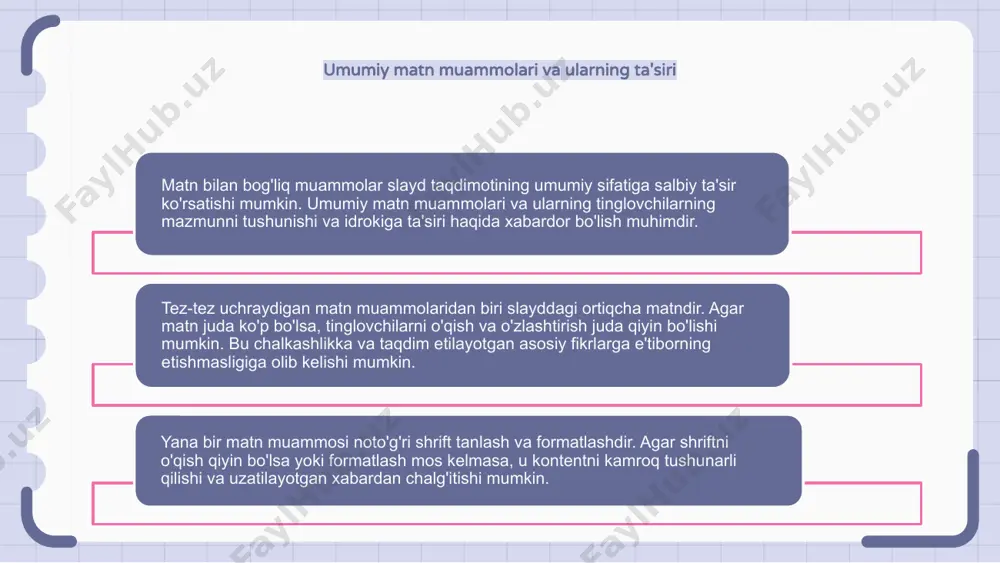 ing yaxlitligiga sezilarli ta'sir ko'rsatishi mumkin. matnli muammolarni hal qilishda axloqiy mulohazalar yechimlarning mumkin bo'lgan oqibatlari va oqibatlarini diqqat bilan ko'rib chiqishni, shuningdek, adolat va shaffoflikka sodiqlikni talab qiladi. matn muammolarini hal qilishda o'ylangan yondashuvni qo'llash orqali amaliyotchilar axloqiy me'yorlarga rioya qilishlarini va axborot almashinuvi uchun ishonchli muhitni targ'ib qilishlarini ta'minlashlari mumkin. matnli muammolarni hal qilishning kelajagi matn muammolari tadqiqotchilar asrlar davomida kurashib kelgan muammodir. yaxshiyamki, texnologiyaning rivojlanishi bilan matnli muammolarni hal qilishning kelajagi istiqbolli ko'rinadi. ushbu muammolarni hal qilish uchun tabiiy tilni qayta ishlash va mashinani o'rganish kabi texnikalar qo'llanilmoqda. matn muammolarini hal qilishdagi qiyinchiliklar matn muammolari matn mazmunining aniqligi va ishonchliligini hal qilishda jiddiy muammolarni keltirib chiqaradi. bu muammolar tildagi nomuvofiqliklar, noaniqliklar va xatolarni o'z ichiga oladi, bu esa tushunmovchilik va noto'g'ri talqinlarga olib keladi. matn muammolarini hal qilishda yana bir qiyinchilik - matnda tarafkashlik va sub'ektivlikning mavjudligi. mualliflarning o'z nuqtai nazari va kun tartibi bo'lishi mumkin, bu …