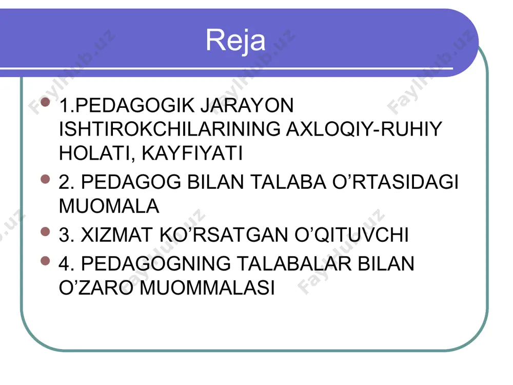 deal, ibrat, namuna bo’lib qolishi ham mumkin. xizmat ko’rsatgan o’qituvchi respublikamiz o’qituvchilari orasida o’z ishining ustasi, xalq o’qituvchisi, xizmat ko’rsatgan o’qituvchi deb tan olingan, ota – onalar, yoshlar e‘zozlab ustoz deb ataydigan mo’‘tabar insonlar ko’plab topiladi.ular pedagogik ishda fidoyilik ko’rsatib, muallimlik burchini yuksak darajada bajarib, bolalarga bilim berib o’lar qalbiga halolik, guzallik, metod axloq nurini singdira loganliklari, xushmomila bo’lganlari uchun ham bunday obro’ va hurmatga erishganlar. pedagogik jarayon, tarbiya jarayoni, odamlarning tabiati shu darajada murakkabki muallim ba‘zan istasa-istamasa qo’polik qilishga “majbur” bo’ladi pedagog talaba yoshlar tarbiyasida, ularning axloqiga ta`sir etadi dilini o’rinsiz ranjitadigaplar o’qishdan sovutish talabchanlik o’qituvchi metodining normalaridan biri hisoblanadi pedagog talabaga qo’yayotgan talabi adolatli bo’lmog’i kerak talabaning ruhiy holatini tushunish pedagogning “talabchanligi” talabaning “sirini” oshkora etmaydi talabaga nisbatan adolatsizlik pedagog avvalo, o’ziga talabchan bo’lmog’i kerak, shundagina bolaga nisbatan qo’yayotgan talablari o’rinli, samarali bo’ladi o’qituvchi bilan o’quvchi o’rtasida nizolar kupincha bolaga nisbatan adolatsizlik qilish, unga qo’yilayotgan talablar mavhumligidan kelib …