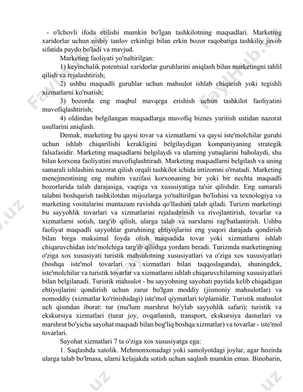 , sotishni rag'batlantirish va tovarlar va xizmatlarni reklama qilishni o'z ichiga oladi. marketing faoliyatiga bo'lgan ehtiyoj quyidagilar bilan belgilanadi. - tashkilotlar o'rtasida erkin raqobatning mavjudligi; - xaridorlarga turli xil ishlab chiqaruvchilarning o'xshash tovar va xizmatlarini tanlash imkoniyati; - iste'molchilarning boshqa mavjud tovarlar va xizmatlar to'g'risida yaxshi xabardorligi; - o'lchovli ifoda etilishi mumkin bo'lgan tashkilotning maqsadlari. marketing xaridorlar uchun nisbiy tanlov erkinligi bilan erkin bozor raqobatiga tashkiliy javob sifatida paydo bo'ladi va mavjud. marketing faoliyati yo'naltirilgan: 1) keyinchalik potentsial xaridorlar guruhlarini aniqlash bilan marketingni tahlil qilish va rejalashtirish; 2) ushbu maqsadli guruhlar uchun mahsulot ishlab chiqarish yoki tegishli xizmatlarni ko'rsatish; 3) bozorda eng maqbul mavqega erishish uchun tashkilot faoliyatini muvofiqlashtirish; 4) oldindan belgilangan maqsadlarga muvofiq biznes yuritish ustidan nazorat usullarini aniqlash. demak, marketing bu qaysi tovar va xizmatlarni va qaysi iste'molchilar guruhi uchun ishlab chiqarilishi kerakligini belgilaydigan kompaniyaning strategik falsafasidir. marketing maqsadlarni belgilaydi va ularning yutuqlarini baholaydi, shu bilan korxona faoliyatini …