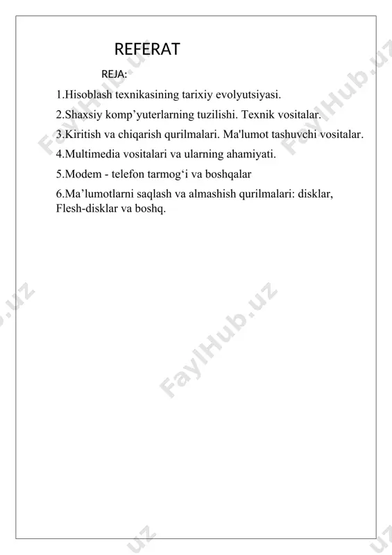 ustaqil ravishda hisoblashni amalga oshiruvchi universal hisoblash qurilmasi - “analitik mashina”ning proyektini yaratdi. lekin, bebbidj bu ishini oxiriga yetkaza olmagan bo‘lsada, uning fikrlarini asos qilib olib, 1941 yilda nemis injeneri kondrat tsuze tomonidan analitik mashina yaratildi. 1943 yildan boshlab esa amerikalik djon mochli va prespera ekerta rahbarliklari ostida dastlabki elektron lampali mashinalarning ixtirolari amalga oshirila boshlandi. keyinroq mochli va ekerta dasturni o‘z xotirasida saqlaydigan yangi mashinaning konstruksiyasi ustida ish olib bordilar va bu ishga mashhur matematik jorj fon neymanni ham hamkorlikka chaqirdilar. birinchi elektron kompyuterlar aqshning pensilvaniya universitetida 1946 yilda yaratilgan. bu kompyuter eniac nomi bilan mashhur bo‘ldi, uning hajmi juda katta bo‘lib, og‘irligi 30 tonna edi, eniac 18000 elektron lampadan iborat va 500 amalni 1 sek.da bajarardi. (1940-1955y) tarkibi elektron lampalardan iborat bo‘lgan barcha ehmlar - birinchi avlod mashinalari deb nomlangan. 1955 yildan boshlab ikkinchi avlod ehmlari paydo bo‘la boshladi. ulardan elektron lampalar o‘rniga yarim o‘tkazgichlar - tranzistorlar bilan …