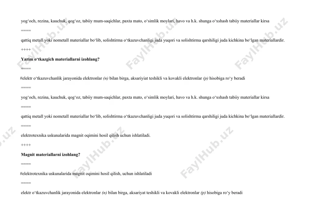 h uchun xizmat qiladigan elektr mahsuloti. ==== bir yoki birnecha tekis yoki buralib yotqizilib, simlari alohida izolyatsiyalangan va umumiy qobiqga joylashtirilgan qurilma. ==== bir yoki bir necha o‘ralgan ochiq yoki izolyatsiyalangan sim yoki ishlatish sharti bo‘yicha yengil nometall qobiq qoplama va tolali material yoki simdan iborat bo‘lgan to‘qimali kabel mahsuloti. ==== siljuvchan qurilmalarga ulash uchun xizmat qiladigan, juda egiluvchan tolali, simlari izolyatsiyalangan mahsulot. ++++ kabel bu – ==== #bir yoki bir necha tekis yoki buralib yotqizilib, simlari alohida izolyatsiyalangan va umuumiy qobiqga joylashtirilgan qurilma ==== bir yoki bir necha o‘ralgan ochiq yoki izolyatsiyalangan sim yoki ishlatish sharti bo‘yicha yengil nometall qobiq qoplama va tolali material yoki simdan iborat bo‘lgan to‘qimali kabel mahsuloti. ==== siljuvchan qurilmalarga ulash uchun xizmat qiladigan, juda egiluvchan tolali, simlari izolyatsiyalangan mahsulot. ==== o‘zidan elektr energiya, axborot va elektr signali uzatishga mo‘ljallangan yoki juda egiluvchan elektr uskunasi cho‘lg‘amini tayyorlash uchun xizmat qiladigan elektr mahsuloti. ++++ elektr simi …