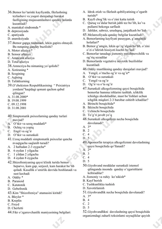 jsimon ogriq, qusish, teri rangining oqarishi kuzatilmoqda. bu qaysi kasallik belgisi? a. migren* b. ganglionit c. radikulit d. polinevrit. 27. migrenning qorin shakli kimlarda ko’proq uchrayda? a. bolalarda* b. qariyalarda c. kattalarda d. ayollarda 28. vibratsion kasallik asab tizimining qaysi kasalliklari qatoriga kiradi? a. kasbga aloqador kasalliklari * b. zaharlanishlari c. yuqumli kasalliklar d. irsiy kasalliklari 29. migren xurujida qon-tomir buzilishi qanday ko’rinishida namoyon bo’ladi? a. bosh miya qon tomirlari torayishining kengayishi bilan almashinishi* b. bosh miya qon tomirlari torayishi c. bosh miya qon tomirlari kengayishi d. bosh miya qon tomirlari tiqilib qolishi 30. allergik kasallikka xos symptom qaysi? a. terida mayda toshmalar* b. qon bosimi ko’tarilishi c. ko’z oldi qorong’ilashuvi d. ko’lning uvishishi 31. hech qanday sababsiz quvonchli, hotirjam va qoniqish holati: a. eyforiya * b. depressiya c. disforiya d. apatiya 32. doimo g’amgin, yomon kayfiyatda yurish nima deyiladi? a. . depressiya* b. disforiya c. eyforiya d. apatiya 33. …