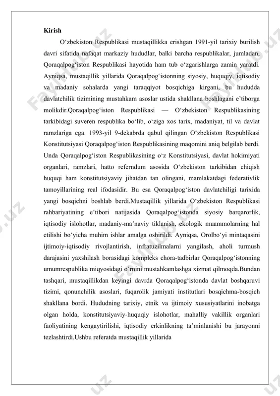 tonda davlat boshqaruvi tizimi, qonunchilik asoslari, fuqarolik jamiyati institutlari bosqichma-bosqich shakllana bordi. hududning tarixiy, etnik va ijtimoiy xususiyatlarini inobatga olgan holda, konstitutsiyaviy-huquqiy islohotlar, mahalliy vakillik organlari faoliyatining kengaytirilishi, iqtisodiy erkinlikning ta’minlanishi bu jarayonni tezlashtirdi.ushbu referatda mustaqillik yillarida mustaqillikdan so‘ng o‘zbekiston respublikasining siyosiy-huquqiy tizimining shakllanishi o‘zbekiston respublikasi 1991-yil 31-avgustda mustaqillikka erishgandan so‘ng, o‘zining siyosiy-huquqiy tizimini shakllantirish yo‘lida keng ko‘lamli islohotlarni amalga oshirdi. bu jarayon mustaqil davlat sifatida milliy konstitutsiyani qabul qilish, fuqarolar huquqlarini himoya qilish mexanizmlarini yaratish va markaziy hokimiyat bilan mahalliy boshqaruv o‘rtasidagi munosabatlarni tartibga solishni o‘z ichiga oldi. mustaqillikning dastlabki yillarida o‘zbekiston sovet ittifoqi davridagi markazlashgan tizimdan voz kechib, demokratik tamoyillarga asoslangan huquqiy bazani mustahkamlashga kirishdi. bu tizimning shakllanishi nafaqat ichki barqarorlikni ta’minlash, balki xalqaro hamjamiyatda tan olinishni ham ta’minladi. siyosiy-huquqiy tizimning asosiy elementlari konstitutsiya, qonunlar va institutlar orqali mustahkamlanib, davlat boshqaruvi samaradorligini oshirdi.siyosiy-huquqiy tizimning shakllanishi bosqichma-bosqich kechdi. 1991-yil dekabr oyida o‘zbekiston respublikasi oliy kengashi mustaqillik deklaratsiyasini tasdiqladi va …