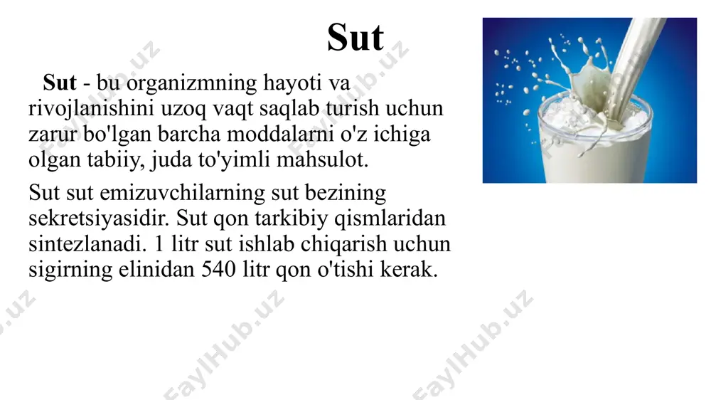 arda belgilangan standartlarga muvofiq keltiriladigan sut; qayta ishlangan sut — konsentrlangan, quyultirilgan yoki quruq sutni qayta ishlash mahsulotiga mahsulotning tegishli organoleptik va fizik-kimyoviy xossalariga erishilgunga qadar ichimlik suvi qoʻshib, konsentratsiyalanmagan, quyultirilgan yoki quritilmagan sutli ichimlik. sutni issiqlik bilan ishlov berish turi bo'yicha tasniflash quyidagi bo'linishni nazarda tutadi: pishirilgan sut - o'ziga xos organoleptik xususiyatlarga erishilgunga qadar kamida 3 soat davomida ta'sir qilish bilan 85 dan 99 ° c gacha haroratda issiqlik bilan ishlov berilgan ichimlik suti ; pasterizatsiyalangan, sterillangan, uht bilan ishlangan sut - mikrobiologik xavfsizlik ko'rsatkichlari bo'yicha belgilangan talablarga rioya qilish uchun issiqlik bilan ishlov berilgan ichimlik suti ; termizlangan sut - 60-68 ° s haroratda 30 s gacha ta'sir qilish bilan tiklangan sut . ushbu davolash sut mahsulotlarini ishlab chiqarish uchun texnologik jarayonning boshida yoki oxirida amalga oshiriladi. yog'ning massa ulushiga qarab , u quyidagilarga bo'linadi: tarkibida yog'i kam, tarkibida yog'i kam, tarkibida yog'i kam, klassik, yuqori yog'li. …