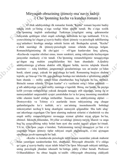 miryoqub obrazining ijtimoiy-ma`naviy tadriji cho`lponning kecha va kunduz romani  — DOC