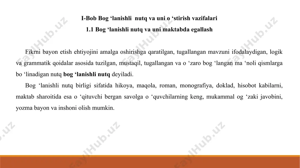 dialogik nutqning asosiy belgilari to ‘liq bo ‘lmagan, undov so ‘zlardan iborat, aniq intonatsion manodorlik (ifodalash), imo-ishora va boshqalardir. dialogik nutqda savol tuza olish va savol berish, eshitgan savoliga taalluqli javobni berish, kerakli e ‘tirozni bildirish, suhbatdoshining javobini tuzatish va to ‘ldirish, muhokama va munozara qilish, o ‘z fikrini asoslash va boshqalar juda muhimdir. 2.2 bolalar bilan so ‘zlashish - dialog nutqni shakllantirishning asosiy uslubi so ‘zlashuv nutqi og ‘zaki nutqning ancha oddiy shakli bo ‘lib, u suhbatdoshlar tomonidan quvvatlanadi. so ‘zlovchilar turli vositalardan (ifodali vosita, ko ‘z qarashlar, imo-ishora, intonatsiya va hokazolar) foydalanib, bir-birlarini tushunadilar. so ‘zlovchilar uchun muhokama etiladigan predmet (buyum, narsa) ma ‘lum bo ‘ladi. bu nutq shakli sintaktik tomonidan ham juda oddiy tugallanmagan gaplardan, xitob, undov so ‘zlardan foydalaniladi; u savol va javoblardan, luqma tashlashdan va qisqa xabarlardan iborat bo ‘ladi. ruhshunoslikda oddiy dialog (tayyorlanmagan) bilan suhbat o ‘rtasidagi farq aniqlangan. suhbat o ‘ziga xos dialog …