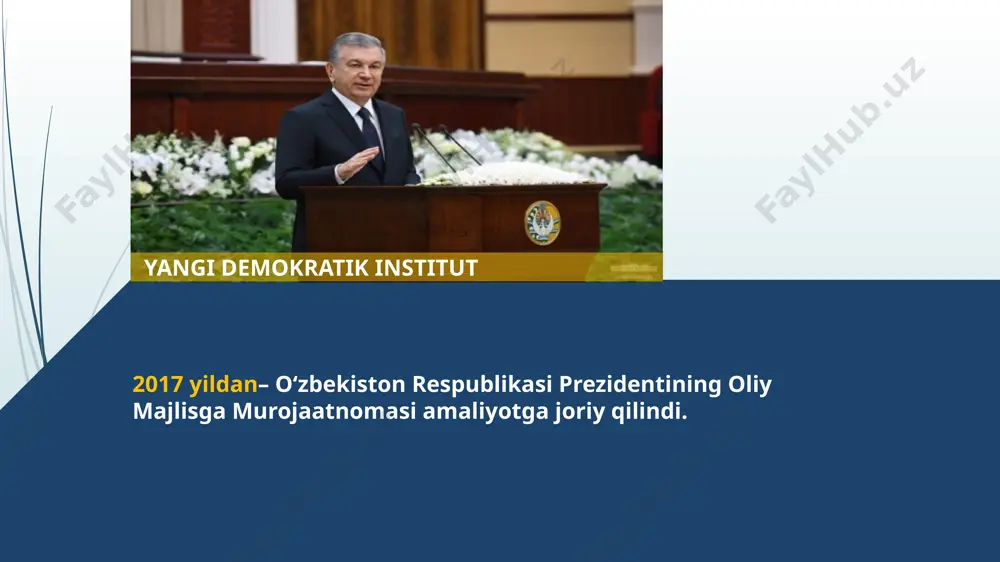 amaliyoti boshlandi aholi bilan doimiy muloqot 3 deputatlar “facebook” va “telegram” ijtimoiy tarmoklarida o‘z sahifalari va kanallarini ochib, aholi bilan qayta aloqani yo‘lga qo‘ydilar 4 deputatlar “temir daftar”ga kiritilgan aholini qo‘llab-quvvatlash, “yoshlar daftari” va “ayollar daftari” asosida ishsiz yoshlar hamda xotin-qizlar bandligini ta’minlash borasidagi ishlarni atroflicha o‘rganib, sohada tegishli choralar ko‘rmoqda vakolatlar kengaydi 1 ilgarigi konstitutsiya bo‘yicha qonunchilik palatasining mutlaq vakolatlari 5 ta bo‘lgan bo‘lsa, yangi tahrirdagi konstitutsiyaga asosan ularning soni 12 taga yetdi 2 davlat budjeti ijrosini nazorat qilish, hisob palatasining hisobotini ko‘rib chiqish kabi vakolatlar bevosita xalq tomonidan to‘g‘ridan-to‘g‘ri saylanadigan qonunchilik palatasiga o‘tkazildi vakolatlar kengaydi 1 senatning mutlaq vakolatlari ham amaldagi 14 tadan – 18 taga oshirildi 2 hududiy manfaatlarni ifodalovchi organ sifatida senatning mahalliy vakillik organlari faoliyatiga ko‘maklashish kabi muhim vakolati bosh qomusimizda mustahkamlab qo‘yildi. xorijiy mamlakatlar parlamentlari bilan hamkorlik 1 o‘zbekiston dunyodagi eng nufuzli xalqaro parlament tashkilotlari bo‘lgan parlamentlararo ittifoqda, yevropada xavfsizlik va hamkorlik tashkiloti parlament …