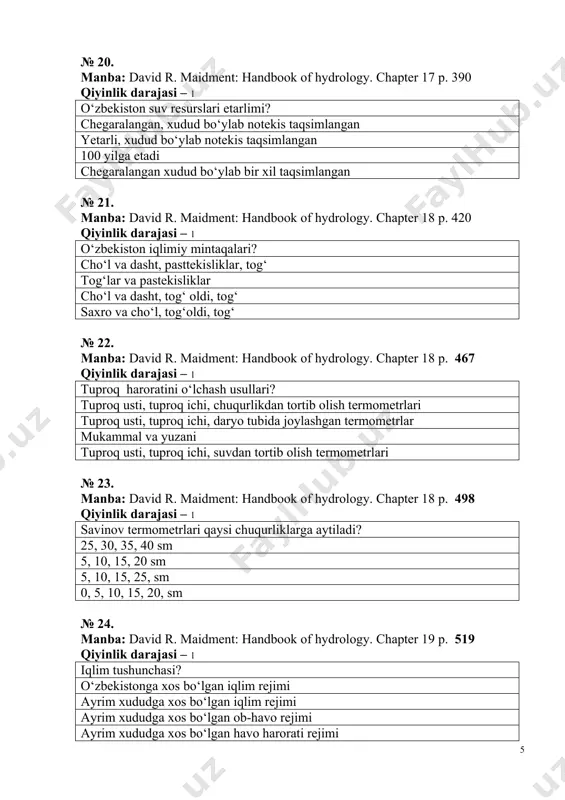 ysi qatlamda ko‘proq uchraydi ? troposfera tropopauza strotosfera mezosfera № 30. manba: david r. maidment: handbook of hydrology. chapter 19 p. 671 qiyinlik darajasi – 1 strotosfera qachon ochilgan ? xx-xi-asr oxirida xx-asr oxirida xx-asr o‘rtalarida x-asrda № 31. manba: david r. maidment: handbook of hydrology. chapter 19 p. 713 qiyinlik darajasi – 2 jahon meteorologik xizmati asos solingan sana? 1 yanvar 1863 yil 1 yanvar 1953 yil 1 yanvar 1973 yil 1 yanvar 1963 yil № 32. manba: david r. maidment: handbook of hydrology. chapter 2 p. 76 qiyinlik darajasi – 2 o‘zbekistonda neta meteorologik stansiya mavjud? 86 91 75 100 № 33. manba: david r. maidment: handbook of hydrology. chapter 2 p. 93 qiyinlik darajasi – 2 jahon meteorologik xizmati asos solingan sana? 1 yanvar 1863 yil 1 yanvar 1953 yil 1 yanvar 1973 yil 1 yanvar 1963 yil № 34. manba: david r. maidment: handbook of hydrology. …