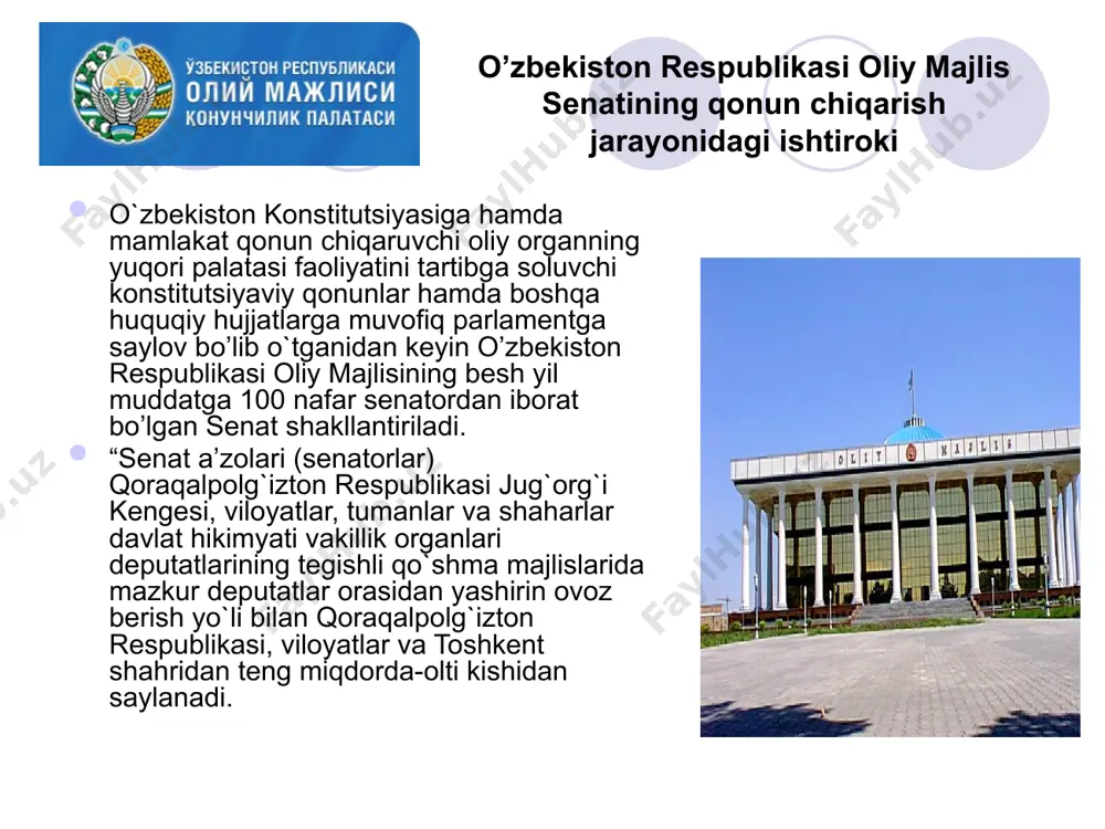 ini tasdiqlash; o’zbekiston respublikasi prezidentining umumiy yoki qisman safarbarlik e’lon qilish, favqulotda holat joriy etish, uning amal qilishini uzaytirish yoki tugatish to’g’risidagi farmonlarini tasdiqlash; o’zbekiston respublikasining xalqaro shartnomalarini ratifikatsiya va denonsatsiya qilish to’g’risida qaror qabul qilish; ma’lumki, qonun loyihasining qonun darajasida shakllanish yo’li ancha murakkab bo’lib, loyiha qonunchilik tashabbusi huquqiga ega bo’lgan quyidagi subyektlarnining biri tomonidan parlament quyi palatasiga kiritilgan; o’zbekiston respublikasi oliy majlisining senati va qonunchilik palatasining birgalikdagi vakolatlari quyidagilardan iborat: ma’lumki, qonun loyihasining qonun darajasida shakllanish yo’li ancha murakkab bo’lib, loyiha qonunchilik tashabbusi huquqiga ega bo’lgan quyidagi subyektlarnining biri tomonidan parlament quyi palatasiga kiritilgan; o’zbekiston respublikasi prezidenti o’z davlat hokimiyatining oliy vakillik organi orqali qoraqalpog’iston respublikasi; oliy majlis qonunchilik palatasi deputatlari; o’zbekiston respublikasi vazirlar mahkamasi; o’zbekiston respublikasi konstitutsiyaviy sudi; o’zbekiston respublikasi oliy sudi; o’zbekiston respublikasi oliy xo’jalik sudi; o’zbekiston respublikasi bosh prokurori; mohiyat-e’tibori bilan qaralganda, senat o’ziga kelib tushgan qonun ustida ish olib borayotganda quyi palata amal qilgan …