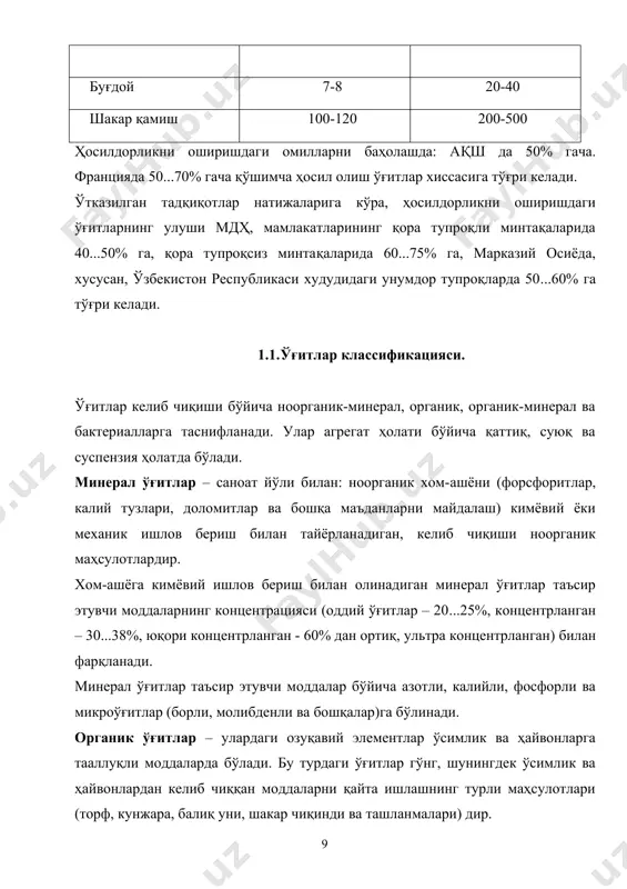 аб чиқарилади. фосфорли ўғитлар – эрувчанлиги ва ўсимликларнинг ўзлаштириши бўйича фосфорли ўғитлар уч гуруҳга бўлинади. - сувда эрийдиган ўғитлар – унда фосфорли бирикмаларнинг кўп қисми сувда эрийди ва ўсимликлар томонидан жуда енгил ўзлаштирилади (суперфосфат, иккиланма суперфосфат, мураккаб ўғитлар - аммофос, нитроаммофоска, нитрофоска, карбоаммофоска); - цитратли эрувчан ўғитлар – унда аммоний цитратнинг аммиакли эритмасида эрийдиган фосфор бирикмалари бор. бу гуруҳга прицепитат (дикальций фосфат) киради. - лимонли эрувчан ўғитлар – сувда ва аммоний цитратнинг аммиакли эритмасида эримайдиган, лекин цитрат кислота эритмасининг 2% лигида эрийдиган. уларга фторсизлантирилган фосфатлар, фосфор уни тааллуқлидир. бу ўғитлар нордон тупроқ учун жуда фойдали, яроқлидир. бу ўғитларнинг фосфор бирикмалари аста-секин тупроқ эритмасига тушади ва уларнинг таъсири бир неча йилларга етади. калийли ўғитлар – концентратланган (калий хлорид, калий сульфат, калий магнезия ва бошқалар) ва тузлар хом-ашёси (сильвинит, каинит) га бўлинади. сувда эримайдиган минераллар (нефелин, дала шпати) тўғридан-тўғри ишлатилмай, калийли ўғитлар олиш учун хизмат қилади (масалан, нефелиндан калий сульфати олиш мумкин). …