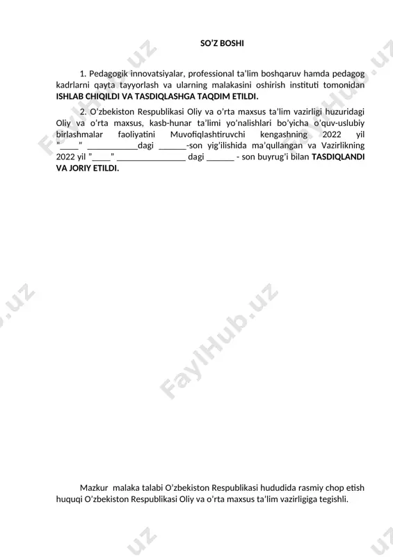 ‘yilgan talablar va bitiruvchilarni baholash ................. 17 1. qo‘llanilish sohasi mazkur malaka talabi o‘zbekiston respublikasida non, non mahsulotlari qandolat va makaron ishlab chiqarish mutaxassisligi bo‘yicha kadrlar tayyorlashning zaruriy bilimlar mazmuni va kasbiy kompetensiyasiga qo‘yiladigan talablarni va pirovard maqsadlarini, shuningdek ta’lim oluvchilarning o‘quv yuklamalari hajmi va standart talablarini bajarilishi nazoratini belgilaydi. malaka talabi ta’lim oluvchilarning kasbiy tayyorgarligi sifati va kasbiy kompetensiyasini baholashda hamda ta’lim muassasalarini attestatsiyadan o‘tkazishda asosiy mezon hisoblanadi. mazkur talablarning bajarilishi professional ta’lim muassasalarining bitiruvchilariga professional ta’limning tegishli darajasini olganligi to‘g‘risida davlat namunasidagi hujjat berilishi uchun asos hisoblanadi. malaka talabi ta’limni boshqarish davlat organlari va ta’lim faoliyati sub’ektlari tomonidan, idoraviy bo‘ysunuvi va mulkchilik shakllaridan qat’iy nazar, tadbiq etilishi majburiydir. ushbu malaka talabi oziq-ovqat mahsulotlari ishlab chiqarish bo‘yicha texnolog (oziq-ovqat ishlab chiqarish) (non, non-bulka, qandolatchilik va makaron mahsulotlarini ishlab chiqarish bo‘yicha) (n03.332.1287/б-21) mutaxassisligining tasdiqlangan kasbiy standart talablari asosida ishlab chiqildi. 2. kasbiy ta’lim xususiyati 2.1. 40720103-non, non mahsulotlari qandolat va …