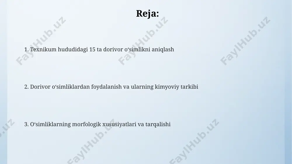lliklarga qarshi potentsialiga ishora qiladi. texnikum hududidagi 5 turdagi dorivor oʻsimliklar tarkibida 10% gacha efir moylari, 20% gacha flavonoidlar va 5% gacha taninlar aniqlangan. bu moddalar yalligʻlanishga qarshi va antioksidant xususiyatlarga ega. anʼanaviy tibbiyotdagi qoʻllanilishi texnikum atrofidagi 3 ta oʻsimlik turi, xususan, yoʻtal va grippga qarshi 15% li samaradorlik koʻrsatkichiga ega boʻlgan anʼanaviy dorilar tarkibiga kiradi. texnikum hududidagi 5 turdagi oʻsimliklardan tayyorlangan damlamalar 200 dan ortiq yillar davomida mahalliy aholi tomonidan nafas yoʻllari kasalliklarini davolashda ishlatilgan. taxminan 10 xil oʻsimlik, shu jumladan, qoʻziqorin va yovvoyi gul navlari, samarqand viloyati texnikum hududidagi anʼanaviy tabobatda terining yalligʻlanish kasalliklarini davolashda qoʻllaniladi. oʻsimliklarning morfologik xususiyatlari hududda uchraydigan 3 ta butali oʻsimlikning poʻstlogʻi sargʻish-kulrang, shoxchalari esa nozik va koʻp sonli boʻlib, texnikumning janubiy qismida koʻproq tarqalgan. texnikum atrofidagi 7 ta daraxtsimon oʻsimlikning mevasi mayda, dumaloq yoki choʻzinchoq shaklda boʻlib, 2-5 dona urugʻdan iborat va kuzda pishadi. texnikum hududidagi 5 turdagi oʻtsimon oʻsimliklarning balandligi 10 sm …