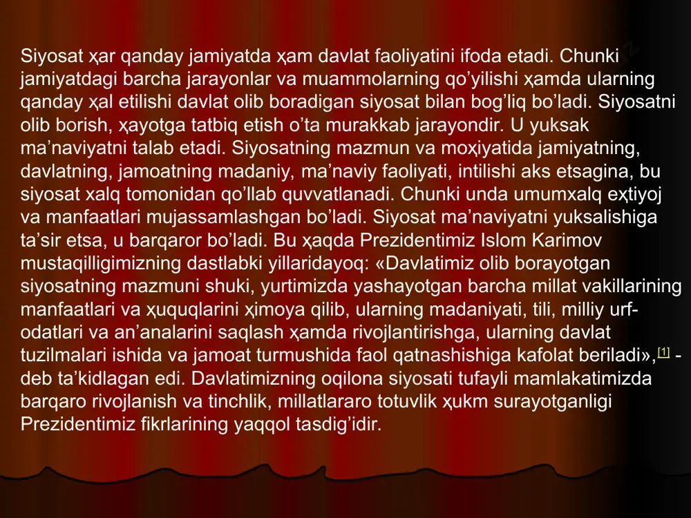 tuvchi tushunchadir. ҳokimiyat aloҳida shaxs, guruҳ, odamlar, tashkilot, siyosiy partiya, davlatning ijtimoiy ҳamkorlikning boshqa ishtirokchilariga kuch ishlatish yoki kuch ishlatmaslik vositalari va uslublari yordamida o’z irodasini o’tkazish va ularning ҳarakatlarini boshqarishni anglatadi. amir temur ҳam o’zi barpo etgan buyuk davlatni milliy, islomiy, axloqiy qadriyatlariga tayanib idora qildi. bu esa jamiyatni adolat, insonparvarlik mezonlari asosida boshqarishga, mamlakatda osoyishtalik, tinchlik, totuvlik saqlanib turishiga olib keldi. temurning yuksak axloqiy fazilatlari ҳam ulkan imperiyani yaratish, uni rivojlantirish, jaҳondagi eng qudratli davlatlardan biriga aylanishiga asos bo’lgan ma’naviy omildir. temur o’z qo’li ostidagi raҳbarlardan, sarkardalardan ҳam axloqli, odobli, adolatli bo’lishni talab qildi. u o’zining «tuzik»larida raҳbarlarning axloqli, adolatli bo’lishi jamiyat, davlat va millat uchun qanday katta aҳamiyatga ega ekanini ko’rsatib, amaldor-mansabdorlarning quyidagi vazifalarini belgilagan: «sulton ҳar narsada adolatpesha bo’lsin, qoshida insofli, adolatli vazirlarni saqlasin, toki podsho zulm qilgudek bo’lsa, odil vazir uning chorasini topsin. agarda vazir zolim bo’lsa, ko’p vaqt o’tmay saltanat uyi qulaydi». temur tarixda …