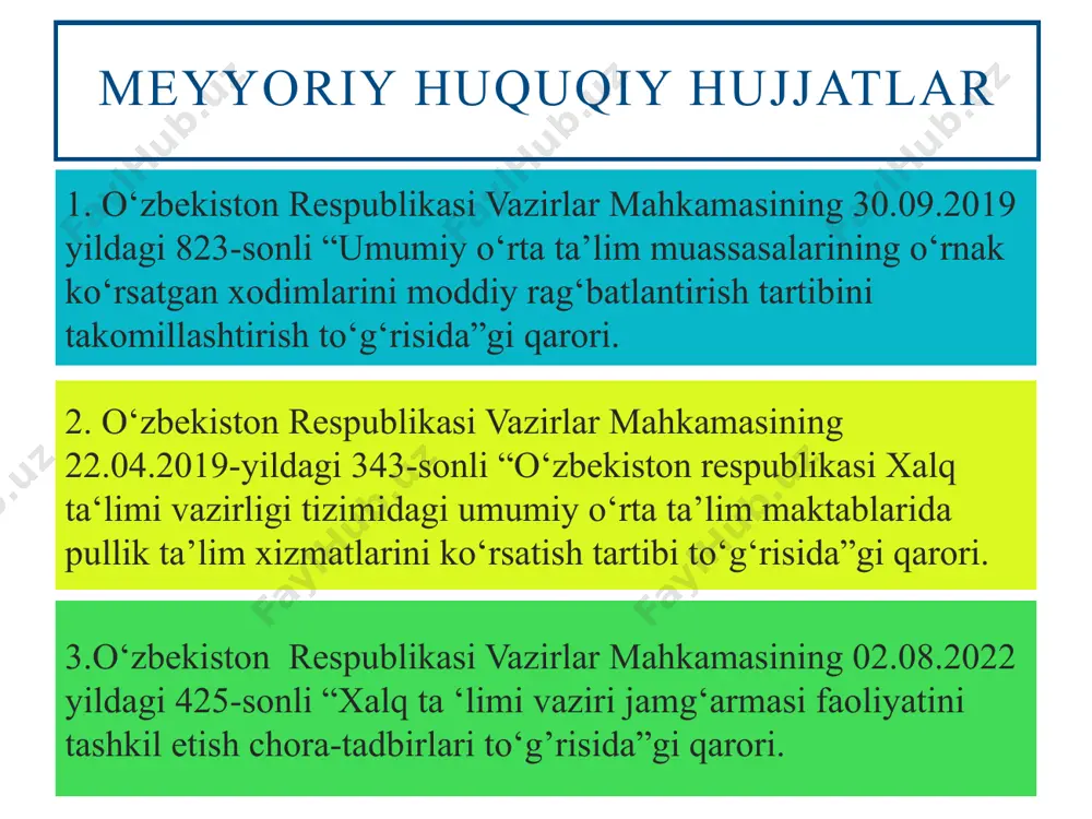 uvchilarning rag'batlantirish tizimi haqida ma'lumotlar beriladi. maktab vebsayti, ijtimoiy tarmoqlar, oavlarda yoritish 3 rag’batlantirish ma’lumotlari barcha uchun ochiqligi yetarli emasligi finlyandiya: finlyandiyada kuchli ijtimoiy himoya o‘qituvchilarning maoshi sinfdagi o‘quvchilar soniga yoki ular qaysi maktabda ishlashiga bog‘liq emas.bundan tashqari, finlyandiyada o'qituvchilar bir qator qo'shimcha imtiyozlarga ega, masalan: transportda chegirmalar va doshqa katta imtiyozlar finlyandiyada o‘qituvchilik kasbini juda jozibali qiladi. rag’batlantirish ma’lumotlari barcha uchun ochiqligini ta’minlash, maktab platformasini yaratish xulosa 1 o‘qituvchilarga rag‘batlantirishni berishning aniq mezonlari muayyan sinf va o‘quv fanlari bo‘yicha ishlab chiqilishi lozim; 2 maktabda xodimlarni rag‘batlantirishda, ishini baholashda, ularning va ota-onalarning fikr-mulohazalarini hisobga olishni tashkil etish; 3 maktab xodimlarini rag‘batlantirishni to‘g‘ri, xolis va adolatli amalga oshirish; 1 maktabda o‘quv yili boshida o‘qituvchilarga rag‘batlantirishni berishning aniq mezonlari va qoidalarini belgilab olish; 2 rivojlangan davlatlar tajribasidan kelib chiqib, xodimlarning shani va qadr qimmatini yanada oshiradigan qo‘shimcha ijtimoiy imtiyozlar berish zarur; 3 jamiyatni o‘qituvchilarni rag‘batlantirishni va qadrini oshirishga moslashtirish; 4 xodimlarni rag‘batlantirishda …