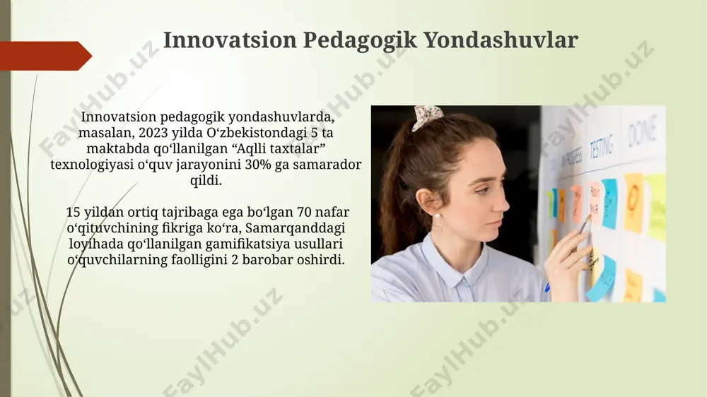 арига кўра, тавсия этилади. pedagogik kompotensiyaning mohiyati pedagogik kompetensiyaning rivojlanishi 3 bosqichda – nazariy bilimlarni egallash, amaliy ko'nikmalarni shakllantirish va o'z-o'zini baholash orqali amalga oshirilishi mumkin, bu esa 7 yillik tajribaga ega o'qituvchilarga sezilarli foyda keltiradi. pedagogik kompetensiya o'qituvchining 5 ta asosiy sohada – didaktika, psixologiya, kommunikatsiya, baholash va innovatsiyalarni qo'llash bo'yicha 20 dan ortiq ko'nikmalarini o'z ichiga oladi va jahon standartlariga mos keladi. o'z-o'zini rivojlantirish va malaka oshirish o'zbekistonning 5 ta oliy o'quv yurti pedagoglar uchun 2023-yilda 300 dan ortiq malaka oshirish kurslarini taklif etdi, bu esa o'qituvchilarning professional rivojlanishiga sezilarli hissa qo'shdi. pedagogik kompetentsiyani oshirish bo'yicha samarqand shahrida o'tkazilgan treninglarda 150 dan ortiq ishtirokchi yangi o'quv texnologiyalari va 5 ta innovatsion uslublarni o'rgangan. o'quvchilarning individual farqlarini hisobga olish individual farqlarni hisobga olishda, masalan, samarqanddagi maktabda, 3 ta turli o'quv guruhlarini tashkil qilish va ularga moslashtirilgan dasturlarni qo'llash samarali bo'ladi. o'quvchilarning 20% i tez o'rganuvchilar, 60% o'rtacha, 20% esa …