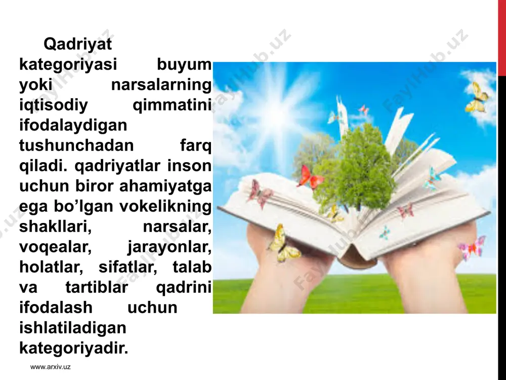 m, millat - o’zining qadriyatlarini vujudga keltirib, ularning yangi - yangi qirralarini va jihatlarini sayqallashtirib, rataqqiyot jarayonida atkomillashtirib turi-shi ma‘nosida o’z qadriyatlarining haqiqiy egasi, makon va zamondagi ilgarilanma harakatdan iborat o’zgarishlar jarayonida ularni o’tmishdan kelajakka atmon yetkazib boradigan eng asosiy ob‘ektdir» . www.arxiv.uz milliy qadriyatlarning negizini urf - odatlar, rasm -rusumlar, bayramu-sayillar atshkil eatdi. o’zbek milliy qadri-yatlari mazmunida insonparvarlik g’oy-alari yoatdi. uzoq atrix davomida o’zbeklarning o’zaro munosabatlarida, kundalik turmush atrzida o’zaro hamkorlik va hamdardlik, vafodorlik va o’zaro hurmat, biri - biriga suyanish va yaxshi qo’shnichilik, bolajonlik va oat - onaga hurmat, mehr - oqibat va sadoqat har tomonlama e‘zozlanib kelinadi. milliy qadriyatlar o’sha mil-latga mansub har bir kishi tomonidan yaratilgan, insoniylik, odamiylikka xos fazi-latlar, xislatlar, xosiyatlarni milliy - madaniy meros xazinasiga qo’shgan hissasini ifodalovchi buyuk ko’rsatkichdir. www.arxiv.uz milliy qadriyatlarni tiklash - ularga hozirgi zamonga mos yangi mazmun ato etish demakdir. xuddi shuning uchun ham, o’zbekiston davlat musatqilligiga erishishi bilan mamlakatimizga …