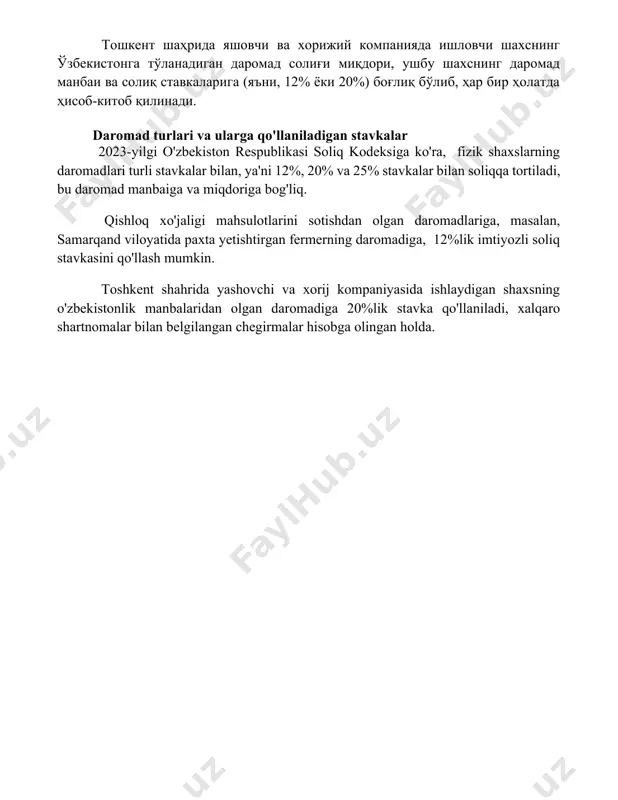 атда ҳисоб-китоб қилинади. daromad turlari va ularga qo'llaniladigan stavkalar 2023-yilgi o'zbekiston respublikasi soliq kodeksiga ko'ra, fizik shaxslarning daromadlari turli stavkalar bilan, ya'ni 12%, 20% va 25% stavkalar bilan soliqqa tortiladi, bu daromad manbaiga va miqdoriga bog'liq. qishloq xo'jaligi mahsulotlarini sotishdan olgan daromadlariga, masalan, samarqand viloyatida paxta yetishtirgan fermerning daromadiga, 12%lik imtiyozli soliq stavkasini qo'llash mumkin. toshkent shahrida yashovchi va xorij kompaniyasida ishlaydigan shaxsning o'zbekistonlik manbalaridan olgan daromadiga 20%lik stavka qo'llaniladi, xalqaro shartnomalar bilan belgilangan chegirmalar hisobga olingan holda. 📌xulosa жисмоний шахслардан олинадиган даромад солиғи бюджет даромадларининг муҳим манбаи ҳисобланади ва давлатнинг ижтимоий-иқтисодий ривожланишига хизмат қилади. 📚foydalanilgan adabiyotlar 1. o'zbekiston respublikasi soliq kodeksi. 2. o'zbekiston respublikasi prezidentining farmonlari va qarorlari (soliqqa oid). 3. o'zbekiston respublikasi soliq va bojxona qo'mitesi hujjatlari. 4. soliq to'lash bo'yicha qo'llanmalar va yo'riqnomalar. 5. davlat statistika qo'mitesi ma'lumotlari (aholi daromadlari to'g'risida). 6