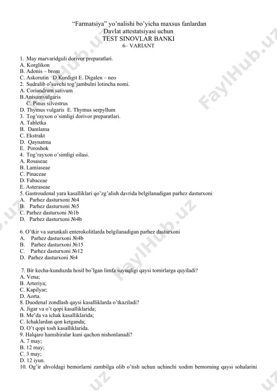 n uchinchi xodim bemorning qaysi sohalarini ko’tarib turadi? a. bosh va bel qismini; b. boldirlarini; c. bel va sonlarini; d. son va boldirlarini 11. anionlar qatoridan iii-analitik guruh anionlarini ajrating. a. po43-, co32-, so42-, so32-, cro42-; b. po43-, co32, cl-, br-; c. so42-, so32-, cro42- , cl-, br-; d. sn3soo-, no2-, no3-. 12. 2. 8nhcl eritmasining (p=1. 04g/ml) foizli konsentratsiyasini hisoblab toping a. 2. 6%; b. 9. 7%; c. 8. 5%; d. 8%. 13. berilgan moddalardan qaysi birlari faqat qaytaruvchi xossalarini namoyon qiladi. 1) hno3 2) hno2 3) h2s 4) crcl3 5) nh3 6) h2so4 7) h2o2 8) k2cr2o7 9) mno2 a. 1, 6, 8; b. 2, 4, 7, 9; c. 3, 5; d. 2, 3, 4, 5, 7. 14. davlat farmakopeyasi talabiga ko’ra furazolidonni miqdorini aniqlash usulini ko’rsating. a. alkalimetrik, kislotali gidrolizdan so’ng; b. asidometrik; c. argentometrik; d. fotokolorimetrik. 15. furazolidonni furatsilindan farqlovchi reaksiyani aniqlang. a. temir (iii) xlor …
