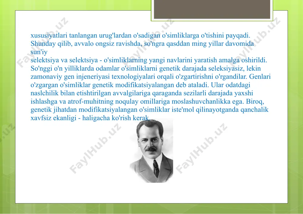 n material qancha xilma-xil bo'lsa, selektsiya va duragaylash uchun shuncha ko'p imkoniyatlar yaratiladi. n.i. vavilov yangi nav yaratish uchun qulay shartlardan biri bu asl nav va xilma-xillik ekanligini ta'kidladi. ushbu xilma-xillik qanchalik katta bo'lsa, tanlov natijalari shunchalik samarali bo'ladi. ammo tabiatda bu xilma-xillikni qaerdan izlash kerak? n.i. vavilov ko'plab hamkasblar jamoasi bilan deyarli butun yer sharida o'tkazilgan ko'plab ekspeditsiyalar natijasida madaniy o'simliklarning xilma-xilligi va geografik tarqalishini o'rganib chiqdi.tadqiqotni 20-30-yillarda butunittifoq o'simlik sanoati instituti (vir) olib bordi, uning direktori ko'p yillar n.i.vavilov edi. ushbu ulkan qidiruv ishlarida yana bir qancha yirik ilmiy jamoalar ishtirok etishdi. ekspeditsiyalar sovet ittifoqining butun keng hududini va ko'plab xorijiy mamlakatlarni: eron, afg'oniston, o'rta er dengizi mamlakatlari, habashiston, markaziy osiyo, yaponiya, shimoliy, markaziy va janubiy amerika va boshqa mamlakatlarni qamrab oldi. ushbu ekspeditsiyalar davomida madaniy o'simliklarning 1600 ga yaqin turi o'rganildi. ekspeditsiyalar sovet ittifoqiga madaniy o'simliklarning minglab urug 'namunalarini olib kelishdi. ular sovet ittifoqining turli geografik zonalarida …