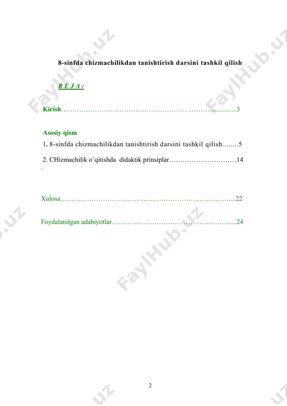 exnologiyalarga, ishlab chiqarishning zamonaviy tuzilmalariga qat`iy o`tish mineral resurslarni kompleks qayta ishlash va ko`p bilim talab qiladigan tayyor mahsulotlar ishlab chiqarish bo`yicha tarmoqlar tizimini shakllantirishni talab qiladi». chizmachilik fanida yakka topshiriqlar xilma-xildir. malakaviy ishning hajmi, ularning barchasining ustida to`xtalib o`tishga imkon beradi. chizmachilik fanini yaxshi o`zlashtirib olinsa, proektsion mashinasozlikda, arxitektura, perspektiva bilishlarida as qotadi.xulosamning mazmuni shundan iboratki, geometrik va proektsion chizmachilikda grafik ishlarni ishlash ularni amalga oshirish davomida ishlarni qonun –qoidaga binoan chiziq turlari va ketma-ketlik bajarilishi haqida malakaviy ishimning yozmasida keng va tushunarli qilib yoritishga harakat qildim. fan va texnikani rivojlavntirish malakali xodimlar tayyorlash, ularni tarbiyalash esa, uz navbatida, ta`lim-tarbiya orqali amalga oshiriladi. bu, umumta`lim maktablarida o`quvchilarni sinfdan tashqari tarbiyaviy ishlar jarayonida hal qilishni taqoza etadi. ayniqsa texnika taraqqiyoti va me`morchilik ravnaqi matematika, handasa, trigonometriya, falakiyot va chizmachilik fanlari bilan bevosita bog`liqdir. fazoviy tasavvurlar, turli loyiha chizmalari chizmachilik qonuniyatlari asosida qog`ozga tushiriladi. o`sha kog`ozdagi chizma-loyihalar muayyan texnologiya or kali …
