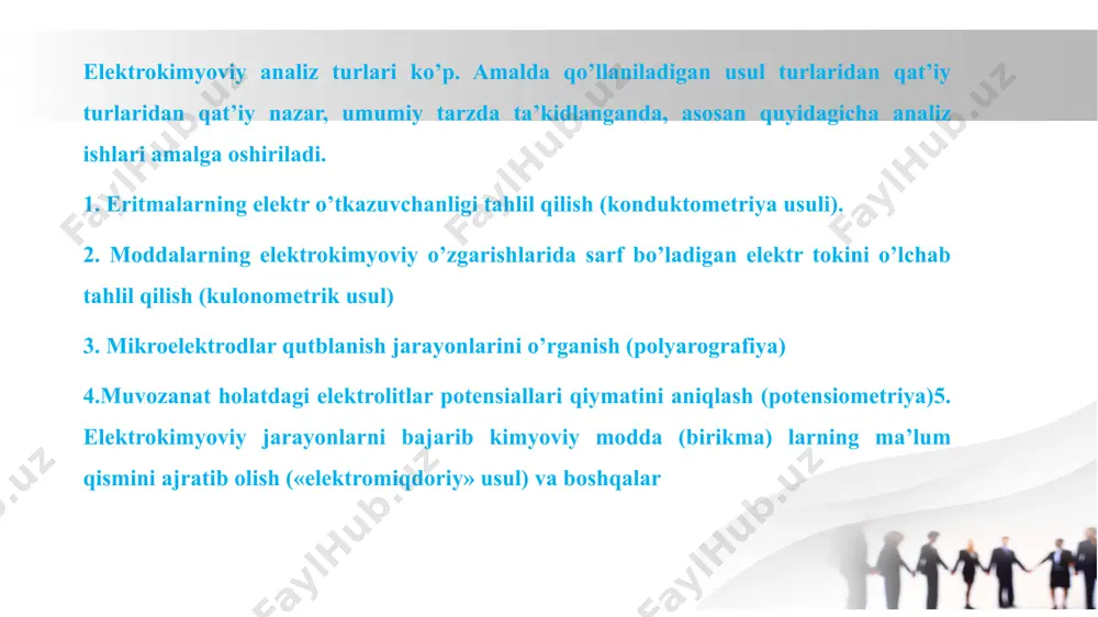 lar elektrokimyoviy tahlil natijalariga ta'sir qilishi mumkin, bu esa natijalarni noto'g'ri bo'lishiga olib kelishi mumkin. bunday interferensiyalarni to'g'ri boshqarish murakkab bo'lishi mumkin. yangi metodlarga ehtiyoj: elektrokimyoviy tahlil usullari o'zgarib turadi va ba'zan yangi, yanada samarali metodlarni ishlab chiqish zarurati mavjud bo'ladi. bu, usullarni doimiy ravishda takomillashtirishni talab qiladi. elektrokimyoviy muvozanat elektrokimyoviy muvozanat — fizik kimyoning tarkibida ionlari boʻlgan sistemalarni (eritmalar, suyukdanmalar va qattiq elektrolitlar), shuningdek, 2 faza chegarasida zaryadli zarralar (ionlar va elektronlar) ishtirokidagi jarayonlar va hodisalarni oʻrganadigan boʻlimi. odatda, fazalardan biri metall yoki yarimoʻtkazgich, ikkinchisi esa eritma yoki elektrolit suyuqlanmasi yoxud qattiq elektrolit boʻladi. aksari hollarda bu 2 fazaning oʻzaro taʼsirida elektr toki hosil boʻladi. shu sababli e. elektr toki hosil boʻlishi yoki aksincha kimyoviy birikmalarga elektr tokining taʼsiri natijasida kechadigan fizikkimyoviy jarayonlarni oʻrganadigan fan deb hisoblanadi. elektr toki va kimyoviy hodisalarning oʻzaro bogʻliqligi borasidagi ilk tadqiqotlar 18-asrning 2-yarmiga taalluqli. lekin bu tadqiqotlar oʻsha davrda kuchli elektr manbalari boʻlmagani …
