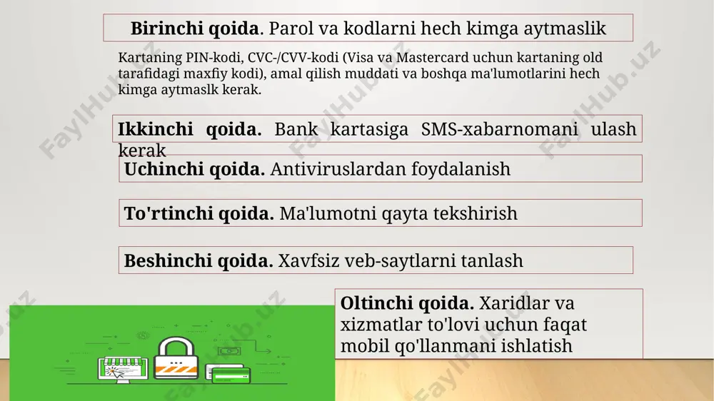 yalarni amalga oshirish maqsadida foydalanadi (3-rasm). shuningdek, o‘zbekiston respublikasi hududida realizatsiya qilingan tovarlar, ishlar va xizmatlar uchun to‘lovlarni amalga oshirishda faqat respublikamiz hududida chiqarilgan elektron pullar qabul qilinishi belgilangan. elektron pullar tizimida har bir elektron pullar egasiga mazkur tizim qoidalari, elektron pullarni chiqarish, foydalanish va ularni qoplash to‘g‘risidagi shartnoma hamda emitent va operator o‘rtasida tuzilgan shartnomaga muvofiq elektron hamyon shakllantiriladi yoki oldindan to‘langan karta (prepaid card) ko‘rinishida emitent, operator yoki elektron pullar tizimining agenti tomonidan beriladi (4-rasm). operator elektron pullarni ayirboshlash operatsiyalarini turli elektron pullar tizimlari hamda ko‘p emitentli elektron pullar tizimi doirasida amalga oshirishi mumkin. shu bilan birga, o‘zbekiston respublikasi norezidenti tomonidan chiqarilgan chet el valyutasida nominallashtirilgan elektron pullarni ayirboshlash operatsiyalari mazkur sub’ekt bilan shartnomasi mavjud bo‘lgan taqdirda emitent tomonidan amalga oshirilishi belgilab qo‘yilgan. elektron pullar egasi tovarlar, ishlar va xizmatlarni xarid qilish uchun yakka tartibdagi tadbirkorlar va yuridik shaxslarga to‘lovni amalga oshirish maqsadida elektron puldan foydalanishi mumkin. bunda …