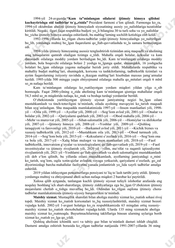 bilan ta‘minlash dasturi ishlab chiqildi. natijada aholining, ayniqsa, qishloq joylarda yashovchilarning ichimlik suvi va tabiiy gaz bilan ta‘minlanganlik darajasi oshdi. 1997-2003 yillarda aholining ichimlik suvi bilan ta‘minlanganlik darajasi, xususan, qishloq joylarda 36,8 foizdan 47 foizga, tabiiy gaz bilan ta‘minlash 69 foizdan 78,3 foizga yetdi. aholi salomatligida toza ichimlik suvi muhim ahamiyat kasb etadi. 2018 yilda respublikamizda bu ko`rsatkich 65 % ni tashkil etgan bo`lsa, 2019 yilda u 75 % ga yetkazildi. 1997 yildan boshlab ijtimoiy sohaning barcha tarmoqlarida ijtimoiy dasturlar tizimi amalga oshirila boshlandi. ta‘lim sohasida ―kadrlar tayyorlash milliy dasturi qabul qilinib, uning asosida yangi maktablar, akademik litseylar va kasb-hunar kollejlari qurildi, mavjudlari kapital ta‘mirlandi. o`quv binolari zamonaviy jihozlar, o`quv qurollari, kompyuter sinflari bilan ta‘minlandi. yangi milliy ta‘lim standartlari, darsliklar ishlab chiqildi. bu tadbirlarning amalga oshirilishi uchun har yili davlat byudjetining ijtimoiy sohaga yo`naltirilgan qismining deyarli yarmi sarflandi. ushbu davrda aholining ijtimoiy himoyaga muhtoj qatlamini qo`llab-quvvatlash maqsadida yillik davlat dasturlari …