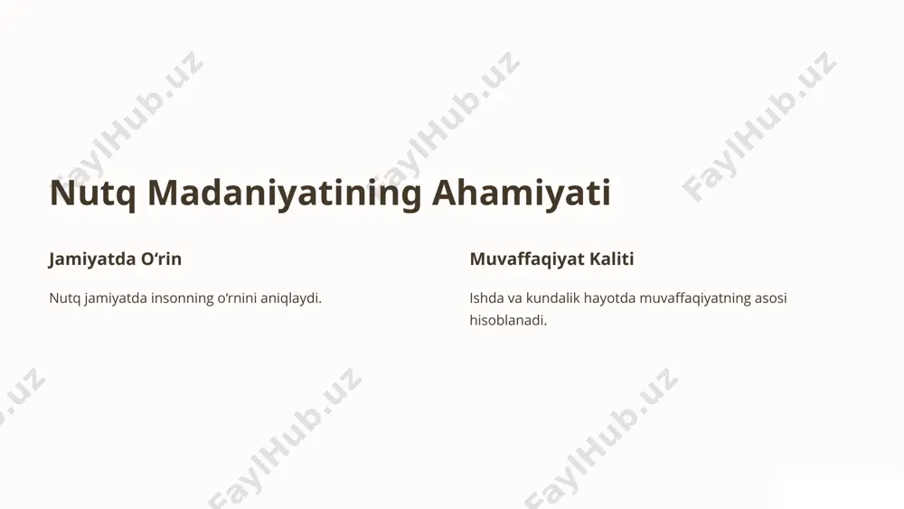 rasmiy uslub 2 maqsadga yo‘naltirilgan 3 hurmat 10 nutq madaniyati va zamonaviy texnologiyalar zamonaviy dunyoda texnologiyalar nutq madaniyatiga katta ta'sir ko'rsatadi. ijtimoiy tarmoqlar, onlayn aloqa va raqamli texnologiyalar nutqimizni shakllantiradi. shuning uchun zamonaviy texnologiyalar sharoitida nutq madaniyatini o'rganish va rivojlantirish muhimdir. 11 ijtimoiy tarmoqlar va nutq qisqartmalardan foydalanish ijtimoiy tarmoqlarda qisqartmalardan foydalanish odatiy holga aylandi. biroq, odob saqlanishi lozim. ko'pgina qisqartmalar tushunish qiyin va suhbatdoshga hurmatsizlik sifatida qabul qilinishi mumkin. raqamli kommunikatsiya raqamli kommunikatsiyada ham tushunarli va xushmuomala bo'lish muhimdir. xabarlarni to'g'ri tuzish, odob saqlash va kerakli so'zlarni tanlash suhbatdoshga bo'lgan hurmatni ko'rsatadi. 12 milliy til va nutq madaniyati 1 tilning boyligi o‘zbek tilining lug‘aviy boyligi va notiqlik san’ati 2 jamiyatning roli tilni saqlash va rivojlantirish bo‘yicha jamiyatning o‘rni 3 milliy qadriyatlar milliy qadriyatlar nutq madaniyatida aks etadi. 13 nutqni rivojlantirish bo‘yicha tavsiyalar so'zlarni o'rganish har kuni biror yangi so‘z o‘rganish nutqni boyitadi va lug'atni kengaytiradi. mashq qilish rasmiy va …