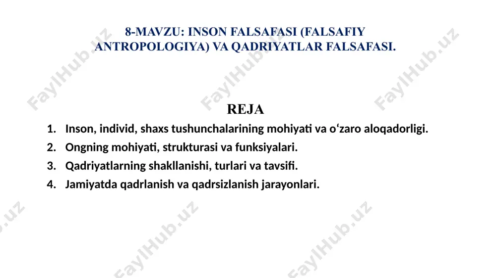 antropos» iborasi — inson, grekcha «genezis» iborasi — ildizlar, manbalar, vujudga kelish ma'nolarini bildiradi, ya'ni «antropogenez» — insonning vujudga kelishi haqidagi masaladir. inson va jamiyatning vujudga kelishi, shakllanishi muammolari ilmiy tilda antroposotsiogenez muammosi deyiladi (lot: socialis — umumiy-ijtimoiy va genesis — kelib chiqish). falsafa insonni olamning tarkibiy qismi sifatida o`rganadi. inson shunday murakkab va ko`p qirrali mavjudotki, uning mohiyati yaxlit bir butunlik sifatida inson, shaxs, individ, individuallik tushunchalari orqali ifodalanadi inson: biologik xususiyatlar ijtimoiy xususiyatlar psixik xususiyatlar dinda inson tushunchasining ma’nosi “inson” chuqur ma’noga ega tushunchadir. ulamolar uning uchta ma’nosini yozganlar: 1. inson so‘zi arabcha “انس - uns”dan olingan bo‘lib, uni “muhabbat” deydilar. 2. inson so‘zi arabcha “نسيان - nisyan”dan olingan bo‘lib, uni “unutuvchi”deydilar. 3. inson so‘zi arabcha “آنس - aanasa”dan olingan. “aanasa”ning ma’nosi “ko‘ruvchi” deganidir. demak, inson so`zining uchta ma’nosi bor: 1....muhabbat qo‘yuvchi. 2..... unutuvchi. 3..... ko‘ruvchi. mashoyixlarimiz aytadilar: bu uch ma’no insonga to‘g‘ri keladi. qachonki, inson alloh ta’ologa …