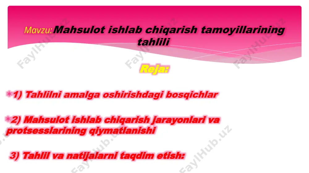 im etish: olingan ma'lumotlar asosida mahsulot ishlab chiqarish jarayonlarining va protsesslarining tahlili, natijalarni tayyorlash va tushuntirish uchun o'rganiladi. bu bosqichlar, korxonaning mahsulot ishlab chiqarish jarayonlarini, protsesslarini va rivojlanish imkoniyatlarini tahlil qilishda yordam beradi. ushbu tahlil korxona rivojlanishi, effektivligi va samaradorligi uchun muhimdir. e’tiboringiz uchun tashakkur! image2.png image3.png image4.jpeg image5.jpeg image6.jpeg image7.jpeg image8.jpeg /docprops/thumbnail.jpeg