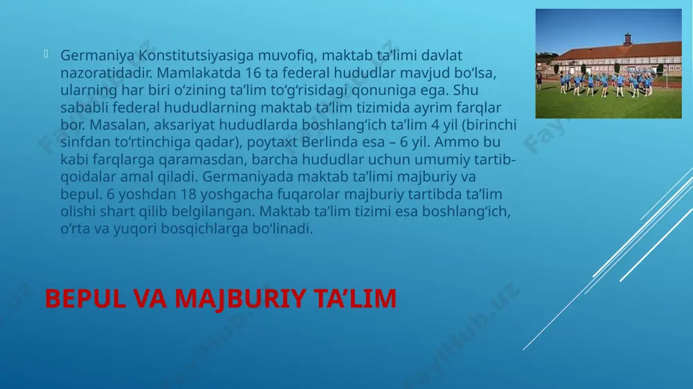 steʼdodsiz o‘quvchining o‘zi yo‘q, deb hisoblashadi. shunga ko‘ra ular o‘quvchining ochilmagan qirralarini kashf etish, ularni yangilik va ixtirolar ruhida tarbiyalashga intiladi. "fikrlayapmanmi, demak, yashayapman!" deydi mashhur faylasuf rene dekart. olmon maktablarida ana shu naql oltin qoida sifatida qabul qilingan. pedagoglar birinchi navbatda o‘quvchining, hatto xato bo‘lsa-da, mustaqil fikri bo‘lishiga erishishni maqsad qiladi. taʼlim jarayoni esa ota-ona va o‘qituvchi o‘rtasidagi uzviy hamkorlikka tayanadi. aslzodalar orzu qilgan universitet germaniyada yevropaning boshqa davlatlariga qaraganda bepul oliy taʼlim olish imkoniyati ko‘proq. nodavlat jamg‘armalar hamda hukumat grantlari asosida xorijliklar ham nemis universitetlarida tahsil olishi mumkin. yuqorida taʼkidlaganimizdek, mahalliy gimnaziyalarni bitirib, ityozli shahodatnomani olgan yoshlar universitetlarga imtihonsiz kiradi. chet elliklar esa o‘qishga kirish uchun nemis tili bo‘yicha imtihondan o‘tadi. universitetlarda bakalavr bosqichi to‘rt yarim yilgacha, magistratura bir yildan to‘rt yilgacha, doktorantura ikki yildan besh yilgacha davom etadi. odatda, bakalavriat va magistratura talabalari o‘qish yakunida davlat imtihoni topshiradi va dissertatsiya himoya qiladi. talaba o‘qish uchun qishki yoki …