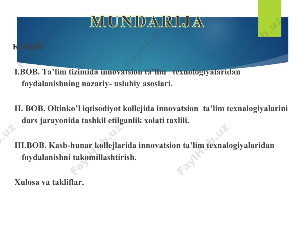 exnologiyalar bilan ta’minlash zarurati kadrlar tayyorlash milliy dasturini ro‘yobga chiqarish shartlaridan biridir. respublikamizdagi o‘rta maxsus kasb-hunar ta’limi tizimida tahsil olayotgan talabalarni ilg‘or pedagogik va axborot texnologiyalari bo‘yicha yangi bilimlar tizimi bilan qurollantirishni uzluksiz tashkil etish davr talabidir. hozirgi zamon sharoitida, yuqori malakali kadrlarni tayyorlashda, o‘qitishning hozirgi zamon tizimlari va yangi pedagogik texnologiyalari asosida amalga oshirilishi maqsadga muvofiqdir. yangi pedagogik texnologiyalarni hislati shundaki, unda qo‘yilgan maqsadlarga erishish kafolatini beruvchi o‘quv jarayoni rejalashtiriladi va amalga oshiriladi. darhaqiqat, mashg‘ulotlarning muvaffaqiyatli o‘tishining 80% i ta’lim jarayonini to‘g‘ri loyihalashtirish, tashkil etish va uni amalga oshirishga bog‘liqdir. o‘quv jarayonlarini loyihalashtirishda ta’lim mazmunini, ta’lim maqsadi, kutilayotgan natijani to‘g‘ri belgilash, ta’lim metodlari, shakllari va vositalarini to‘g‘ri tanlash, talabalarning bilim, ko‘nikma va malakalarini baholashni aniq mezonlarini oldindan ishlab chiqish, mashg‘ulotga ajratilgan vaqt ichida ularni to‘g‘ri amalga oshirish va bir-biri bilan uyg‘unlashuviga e’tiborni qaratish maqsadga muvofiqdir. yuqoridagilardan ko’rinib turibdiki mazkur ish ayni hozirgi kundagi dolizarb masalalar qatoriga kiradi. i. bob. …