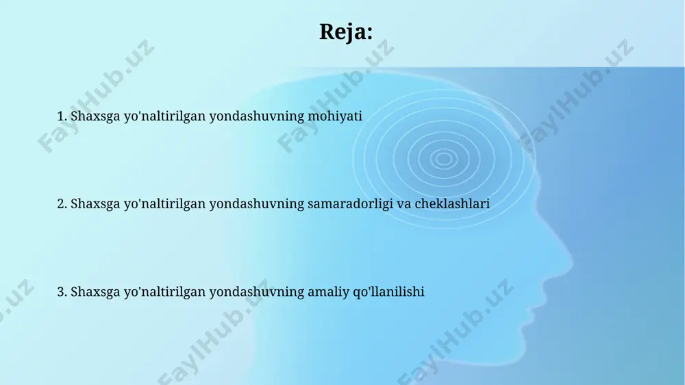 dorligini 80% dan yuqori ko'rsatkich bilan tasdiqlagan. davolash jarayoni bemorning o'ziga xos xususiyatlarini inobatga oladi. shaxsga yo'naltirilgan yondashuvning tarixi abraham maslowning ierarxik ehtiyojlar nazariyasi (1943) kabi tushunchalar shaxsga yo'naltirilgan yondashuvning shakllanishiga sezilarli ta'sir ko'rsatdi va uning falsafiy asoslarini boyitdi. shaxsga yo'naltirilgan yondashuvning evolyutsiyasi 20-asrning ikkinchi yarmida, jumladan, buyuk britaniya va skandinaviya mamlakatlarida keng tarqaldi, bu davrda inson huquqlari va individualizm g'oyalari kuchaygan edi. qiyinchiliklarni bartaraf etish va muammolarni hal qilish farg'ona viloyatida 100 dan ortiq ishtirokchi bilan o'tkazilgan treninglar natijasida, shaxsga yo'naltirilgan muammolarni hal qilish bo'yicha bilimlar 85% ga oshdi va o'z-o'zini boshqarish ko'nikmalari rivojlandi. samarqanddagi 50 nafar oila bilan o'tkazilgan tadqiqot shuni ko'rsatdiki, muammolarni hal qilishda shaxsga yo'naltirilgan yondashuv 30% ga samaradorlikni oshirgan va ijtimoiy moslashuvni yaxshilagan. maqsadlarni belgilash va rejalarni tuzish rejalashtirish jarayonida, masalan, 3 oylik muddatga 20 ta kichik maqsadlarni belgilash va har birining bajarilishini muntazam kuzatib borish orqali muvaffaqiyat ehtimolini oshirish mumkin. samarqand viloyatida o‘tkazilayotgan treninglar …