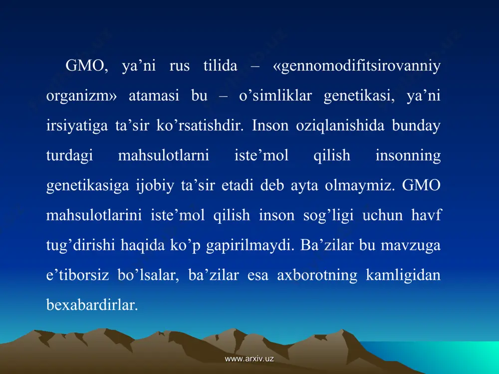 xiv.uz www.arxiv.uz bugun esa tadqiqotchilar bu sohaning beqiyos imkoniyatlarini, yuqorida ta’kidlaganimizdek, iste’mol qilishimiz mumkin bo‘lgan oziq-ovqat, eng avvalo, meva va sabzovot mahsulotlariga nisbatan qo‘llamoqda. ilgari seleksioner ekinlardan yetarlicha hosil olishi uchun ba’zan butun umrini sarflashiga to‘g‘ri kelgan bo‘lsa, zamonaviy gen injeneriyasi ko‘magida yetishtirilgan trans­­gen o‘simliklar juda qisqa fursat ichida mo‘l hosil berishi mumkinligi aniqlandi. bundan tashqari, genomi o‘zgartirilgan qishloq xo‘jaligi ekinlarining zararkunanda hasharotlar, turli kasalliklar, gerbitsidlar (begona o‘tlarni yo‘qotishda qo‘llaniladigan kimyoviy moddalar) xurujiga bardoshliligi dehqonlarni yana bir mushkulini oson qildi. masalan, seleksionerlar uzoq vaqtgacha asosan kartoshka urug‘iga qiron keltirayotgan kolorado qo‘ng‘izi va shu tufayli paydo bo‘lgan fuzarium kasalligidan qutulish choralarini topolmayotgan edi. vaholanki, kartoshka barglariga chayonning geni sun’iy ravishda ko‘chirilgach, bu muammo bartaraf etildi. www.arxiv.uz www.arxiv.uz muzqaymoqda transgen 1996 va 2007 yillar orasida geni o‘zgartirilgan ekinlarning 90 foizi aqsh, argentina hamda kanadada yetishtirilgan. 2004 yilda mazkur mamlakatlardagi ekin maydonlarining 84 foizi aynan transgen o‘simliklar xo‘jaligiga ixtisoslashgan. keyingi yillarda bu kabi …