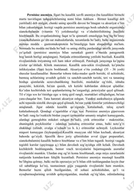 o’qotish oqibatida paydo bo’lgan anemiyada bemorning umumiy ahvoli kam o’zgaradi. ko’zdan kechirilganda bemor rangining o’chganligi qayd qilinadi, asosiy shikoyat - behollik va bosh aylanishidir. kasallik boshlanishida suyak ko’migi qon o’rnini tezda to’ddirish xususiyatini kasb etadi va uzoq vaqtgacha uning normal tarkibini saqlab turadi. asta-sekin suyak ko’migi funksiyasi pasayadi va keskin gipoxrom anemiya paydo bo’ladi (qon rang ko’rsatkichining pastligi bilan xarakterlanadi.). temir yetishmovchilik anemiyasi. odam organizmida temir yetishmasligi qator sabablarga: ovqatda temir moddasi yetishmasligi, temirning hazm apparatida so’rilishining buzilishi va boshqalarga bog’liq. buning natijasida temir tanqisligi anemiyasi rivojlanadi. temir yetishmasligidan bo’ladigan anemiyalarning quyidagi turlari: kechikkan va erta xloroz (kamqonlik) farq qilinadi. kechikkan xloroz ayollarda asosan 30 - 45 yoshlarda me'dada xlorid kislota miqdori pasayib ketishidan (xlorid kislota temirning normal so’rilishiga imkon beradi) temirning so’rilishi buzilishi sababli paydo bo’ladi. odatda bachadondan qon ketishi yoki boshqa qon ketishlar bilan bog’liq. anemiya uchun xos bo’lgan umumiy klinik belgilardan tashqari, kechikkan xloroz bilan kasallangan bemorlarda …