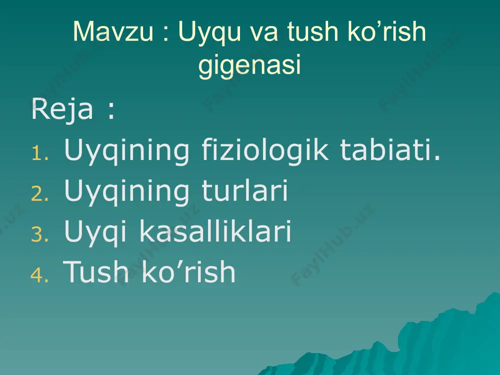 azlarining tormozlanish holati bolib, bu vaqtda nerv hujayralari dam oladi, energiya to'playdi. shuning uchun to'yib uxlagandan keyin odamning kayfiyati yaxshi boladi, ish qobiliyati ortadi. tungi uyqu^jr^l bosqichdan iborat bolib, har qaysi bosqichda sekin va fez uyqu davrlari takrorlanib turadi. sekin uyqu davri 1—1,5 soat, tez uyqu davri 10—30 minut davom etadi. uyqu davrida nafas olish, yurak urishi sekinlashadi. binobarin, bu vaqtda bosh miya nerv hujayraiarida tormozlanish holati chuqurlashadi. tez uyqu davrida nafas olish, yurak urishi malum darajada tezlashadi. buning sa-babi shundaki, bu vaqtda bosh miya nerv hujayraiarida tormoz­lanish susayadi. shuning uchun tez uyqu davrida ba'zan tush ko'jish sodir boladi. образец текста второй уровень третий уровень четвертый уровень пятый уровень uyqi turlari tabiiy fiziologik uyqu gipnotik uyqi narkotik uyqi uyqi kasalliklari tabiiy fiziologik uyqu har kungi tundagi normal uyqudir^odam organizmining tabiiy fiziologik uyquga ehtiyoji yoshga qarab turlicha bo'ladi. chaqaloqlarda bir kecha-kunduzda 21—22 soat, 1 yoshli bolada 16-17 soat, 6-7 yoshda 12-13 …