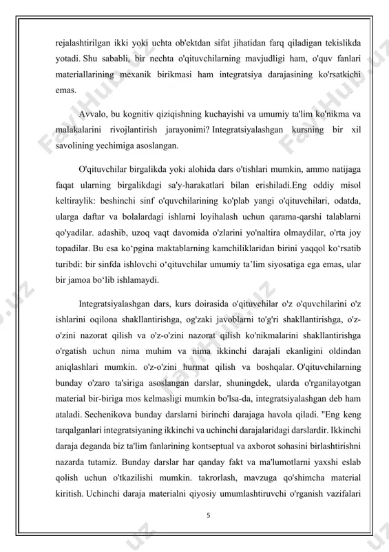 ayotgan material bir-biriga mos kelmasligi mumkin bo'lsa-da, integratsiyalashgan deb ham ataladi. sechenikova bunday darslarni birinchi darajaga havola qiladi. "eng keng tarqalganlari integratsiyaning ikkinchi va uchinchi darajalaridagi darslardir. ikkinchi daraja deganda biz ta'lim fanlarining kontseptual va axborot sohasini birlashtirishni nazarda tutamiz. bunday darslar har qanday fakt va ma'lumotlarni yaxshi eslab qolish uchun o'tkazilishi mumkin. takrorlash, mavzuga qo'shimcha material kiritish. uchinchi daraja materialni qiyosiy umumlashtiruvchi o'rganish vazifalari bilan bog'liq bo'lib, maktab o'quvchilarining hodisalar va ob'ektlarni taqqoslash va taqqoslash qobiliyatida ifodalanadi. va bu erda, avvalgi holatlardagidek, asosiy shartlarga rioya qilish kerak: agar darsni bitta o'qituvchi o'tkazsa, ikkinchi fan o'qituvchisining juft darsi bo'lishi kerak, bu erda bir xil faktlar va muammolar tahlil qilinadi. shuning uchun pedagogik harakatlarni muvofiqlashtirish va sozlash uchun o'qituvchilarning o'zaro tashriflari juda foydali. integratsiyaning to'rtinchi darajasi maktab o'quvchilarining o'zlari bir xil hodisalar, hodisalar to'g'risidagi faktlarni, mulohazalarni solishtirishni, ular o'rtasida aloqalar va qonuniyatlarni o'rnatishni, birgalikda ishlab chiqilgan o'quv qobiliyatlarini qo'llashni boshlaganlarida, eng …