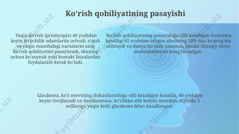 zishi mumkin, bu esa siydik chiqarish tizimining obstruksiyasi va siydik yo'llarining infektsiyalari xavfini oshiradi va tokio universiteti tadqiqotlari buni tasdiqlaydi. o'rta osiyo mamlakatlarida, jumladan o'zbekistonda, buyrak toshlari kasalligi 30-50 yosh oralig'ida ko'proq uchraydi va ularning 70% dan ortig'i kaltsiy oksalatidan iborat bo'ladi, bu esa iqlim sharoiti va suv tarkibi bilan bog'liq. buyrak etishmovchiligi o'zbekistonda 65 yoshdan oshgan aholi orasida 10% ga yaqin tarqalgan bo'lib, surunkali buyrak kasalliklarining asosiy sabablaridan biri hisoblanadi va tez-tez gemodializ yoki buyrak transplantatsiyasi kabi davolanishni talab qiladi. demensiya va altsgeymer kasalligi altsgeymer kasalligi dunyo bo'ylab 50 milliondan ortiq odamga ta'sir qiladi va 2050 yilga kelib bu raqam uch baravar ko'payishi kutilmoqda, ayniqsa, yaponiya va aqsh kabi rivojlangan mamlakatlarda. demensiya bilan kasallanganlarning 60-70% ini altsgeymer kasalligi tashkil etadi va bu kasallikning asosiy belgilaridan biri bu qisqa muddatli xotiraning pasayishi, shu bilan birga fikrlash va mulohaza qilish qobiliyatlarining susayishi hisoblanadi. altsgeymer kasalligini davolaydigan aniq usul hali topilmagan bo'lsa-da, …